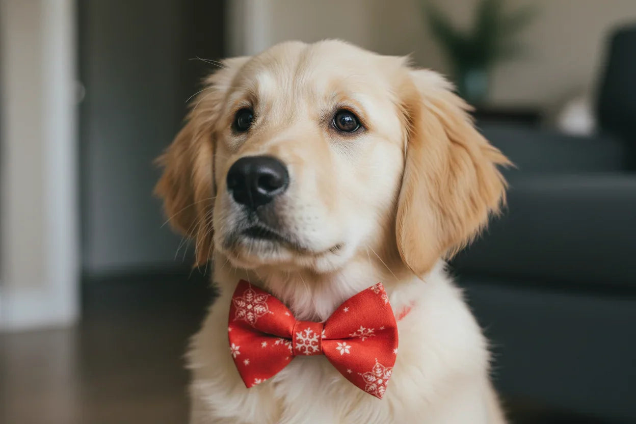 Dog bow tie size chart. Size Small is 3 1/2 inches wide for small dogs under 15 lbs. Size Medium is 4 inches wide for medium dogs between 15 band 40 lbs. Size Large is 4 1/2 inches wide for Large Dogs between 40 band 80 lbs. Size Extra Large is 5 1/2 inches wide for Extra Large Dogs over 80 lbs. Sizing is up to preference and pet bow ties slide on to dog collars with elastic.