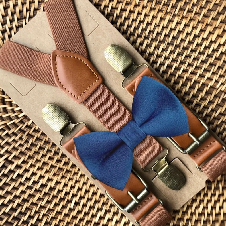 Slate Blue Bow Tie & Cognac Buckle Suspenders Set for wedding, groomsmen and ring bearer outfits.