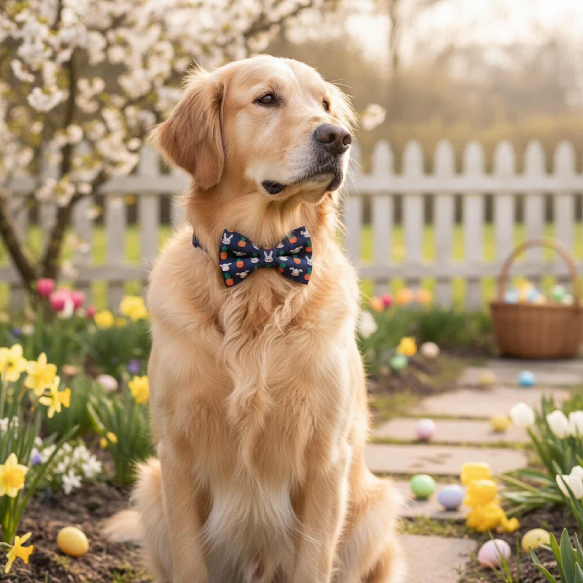 Dog wearing a dog bow tie sitting in a garden with Easter eggs and flowers.