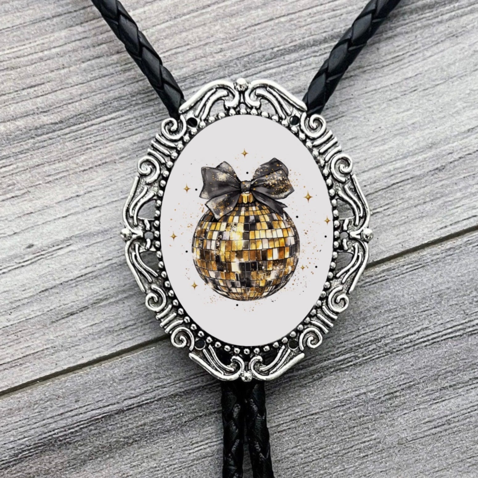 New Year’s Eve Bolo Tie- Disco Ball Western Wedding Accessory On Silver