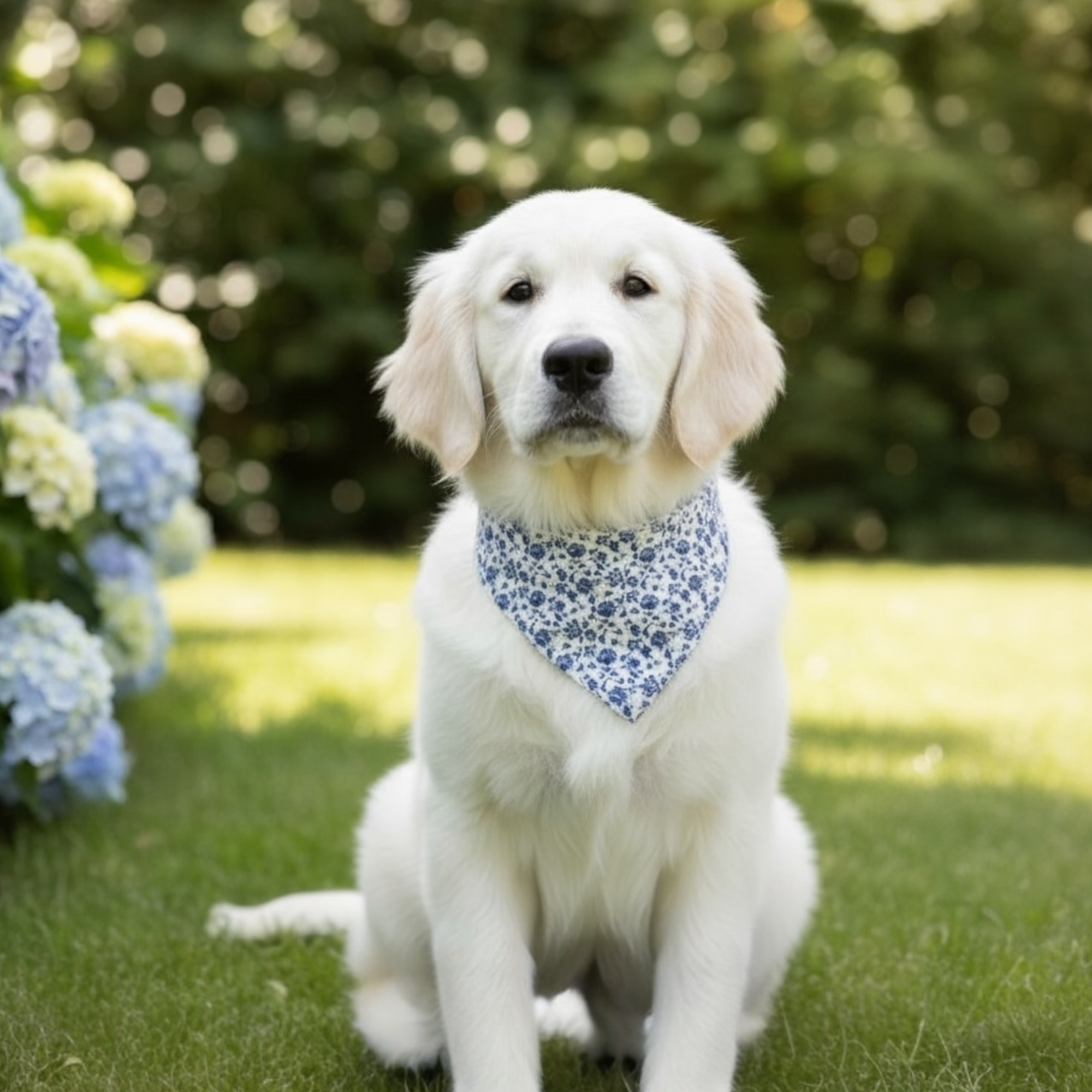 White dog wearing a blue floral dog bandana for a wedding dog ring bearer sitting on grass with flowers and trees in the background