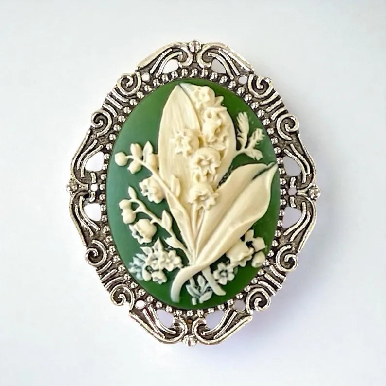 Silver Lily of the Valley Brooch, Green May Flower Brooch Pin