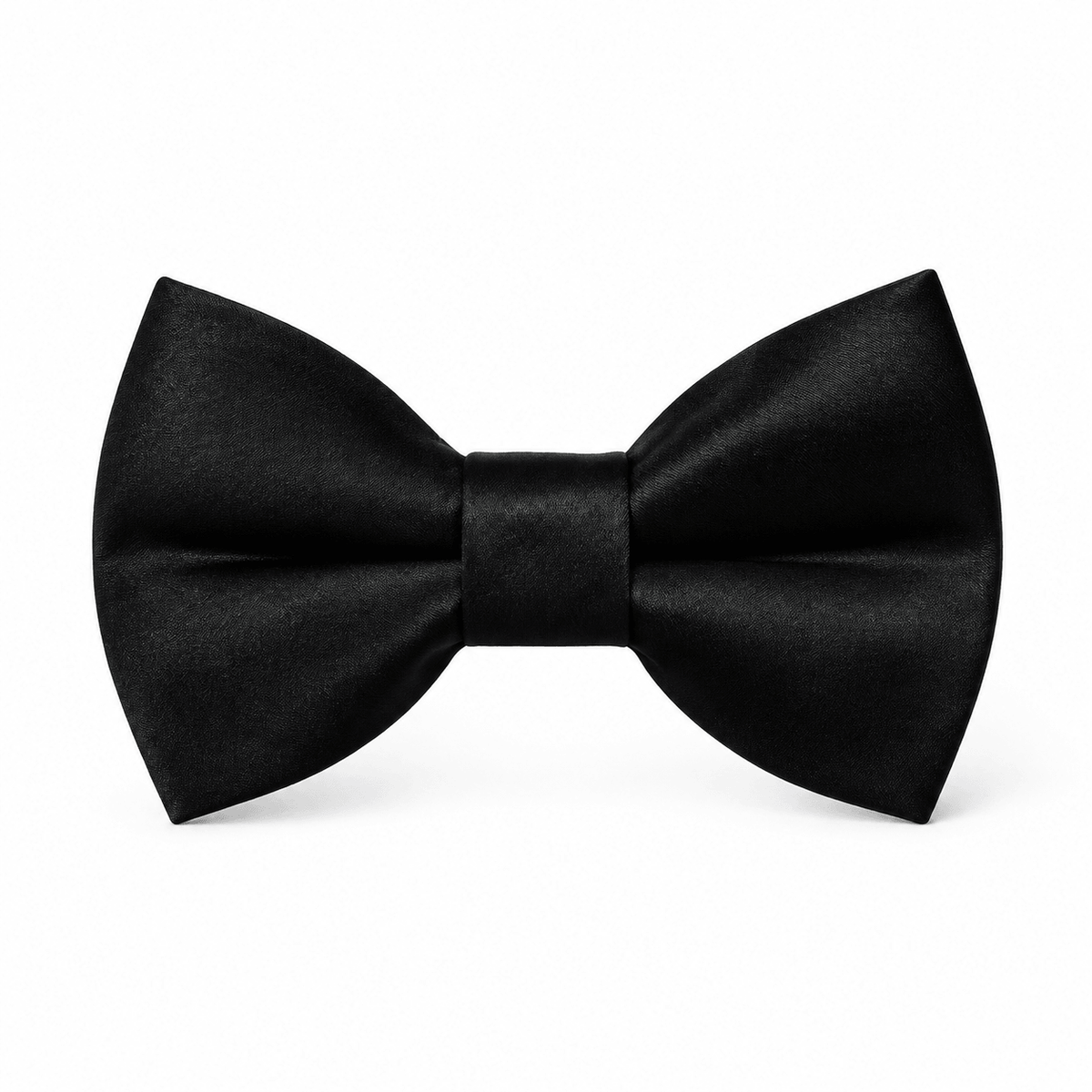 A classic black bow tie with a pre-tied shape, centered on a clean white background.