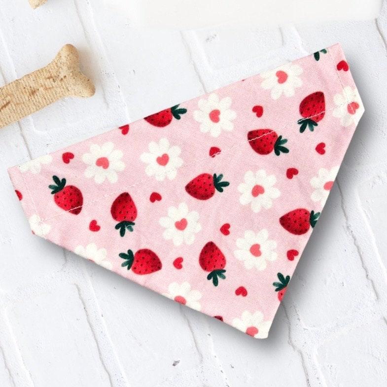 Pink triangular bandana with strawberries and white flowers on a white brick background