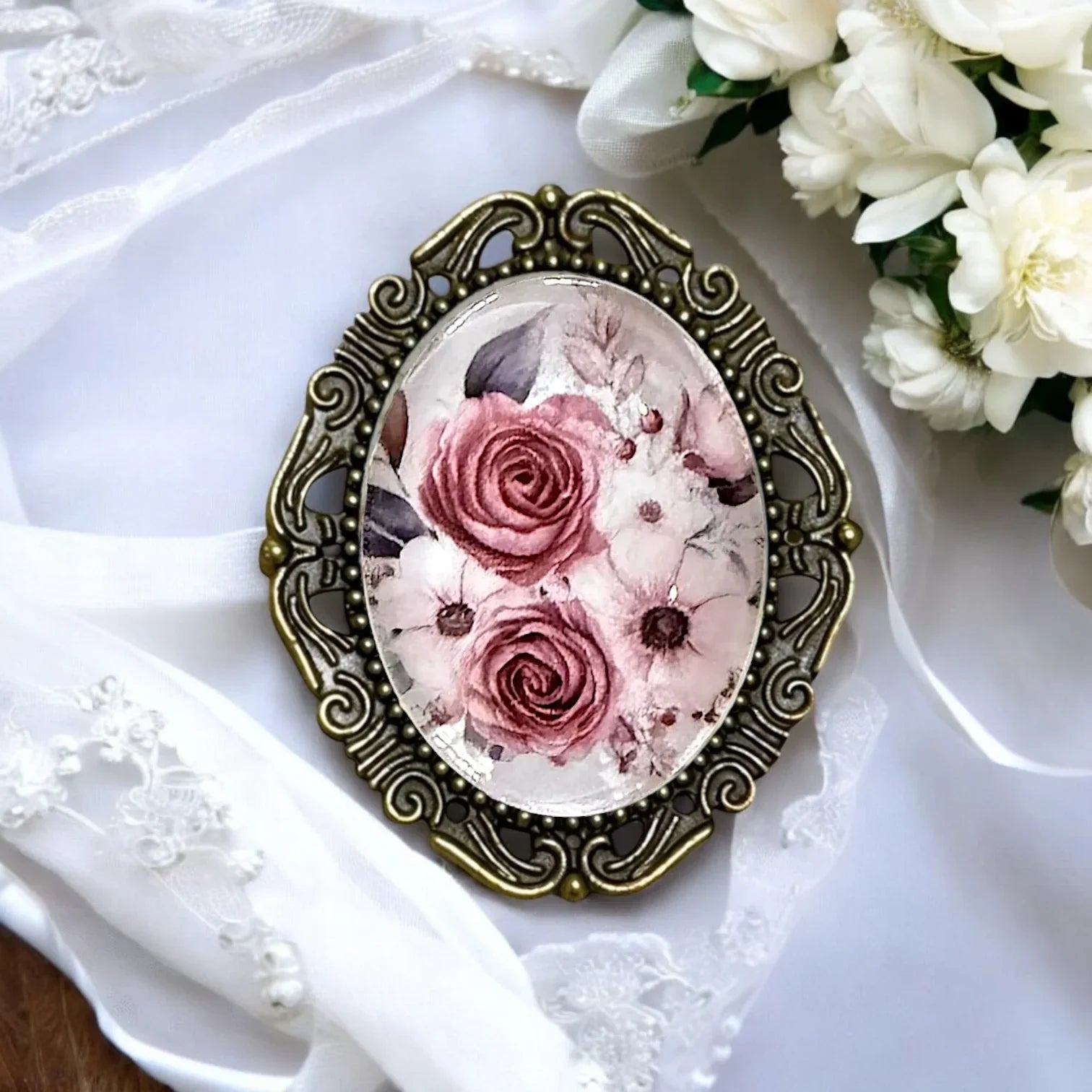 Handmade bronze victorian style floral brooch for her, Mother's Day gift, or birthday gift on a white background.