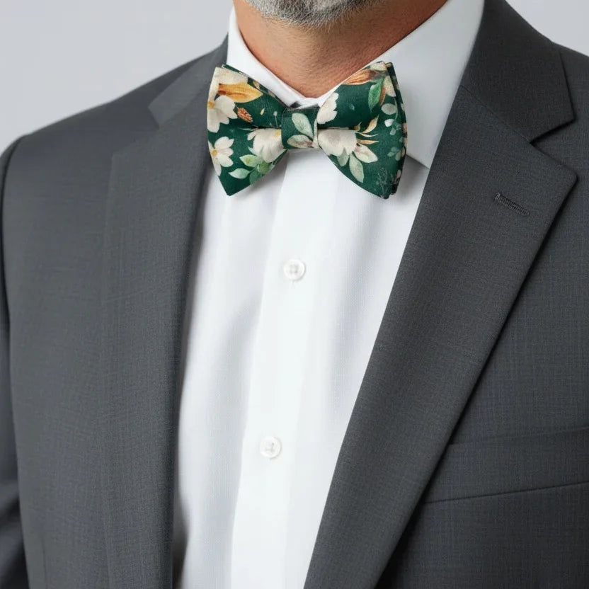 Man wearing a gray suit with a white shirt and a green floral bow tie.