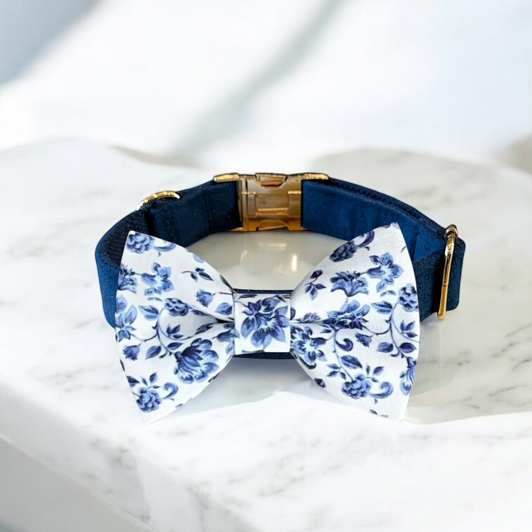 French Blue Floral Bow Tie Dog Collar- perfect for wedding dog collar.
