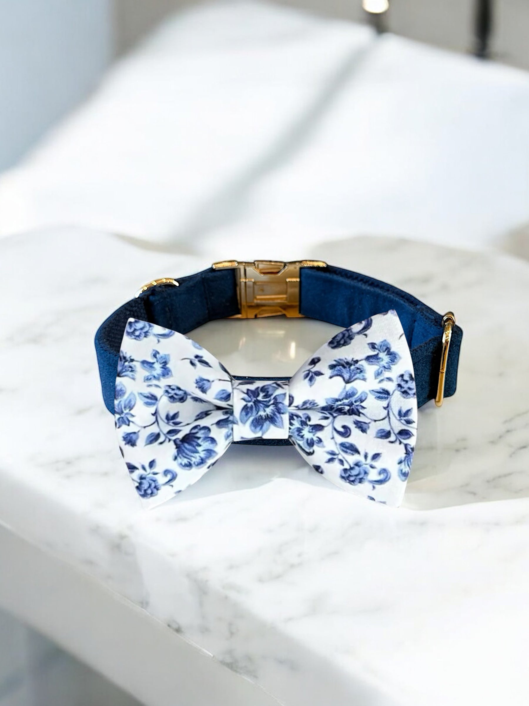 French Blue Floral Bow Tie Dog Collar- perfect for wedding dog collar.