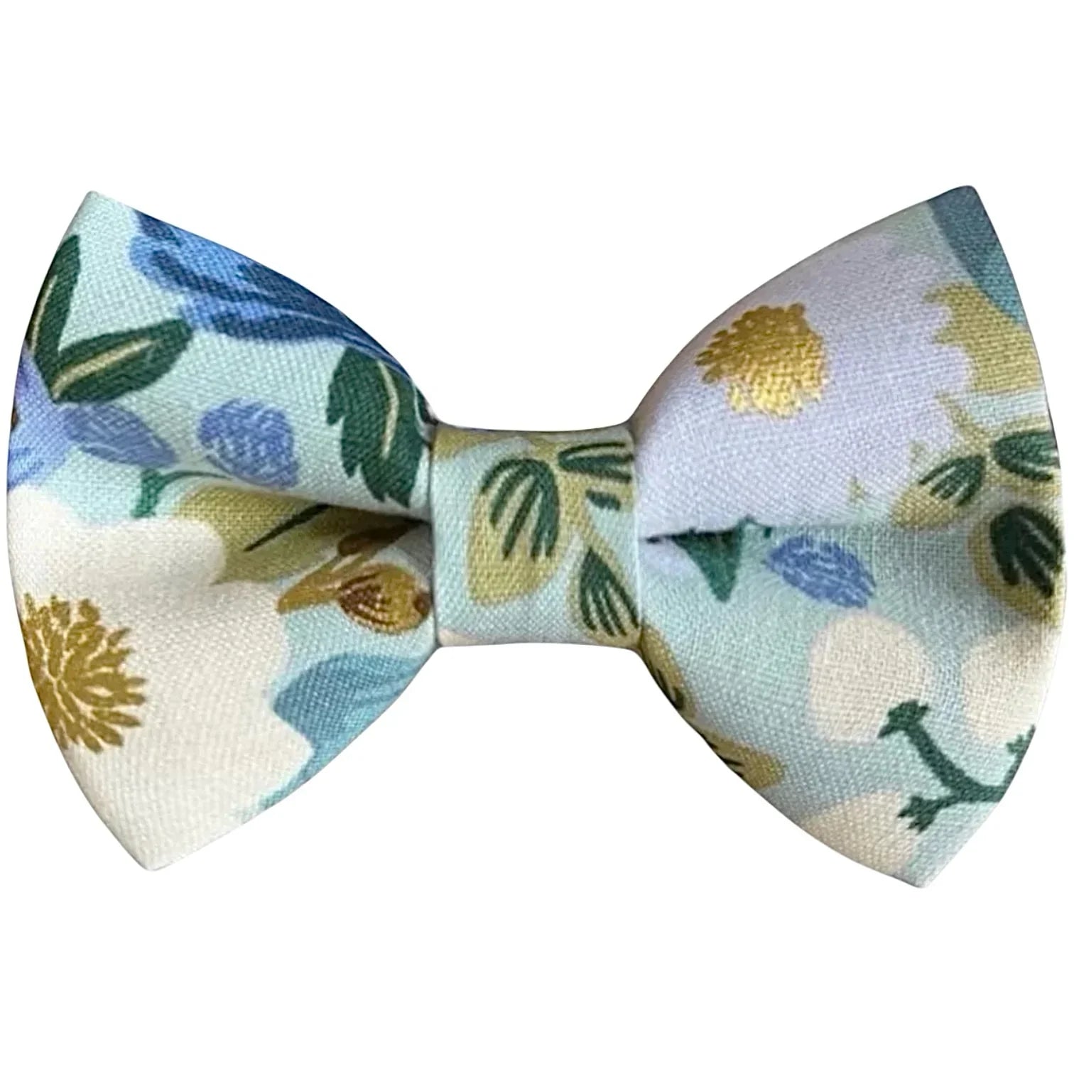 Floral patterned bow tie with gold accents on a white background