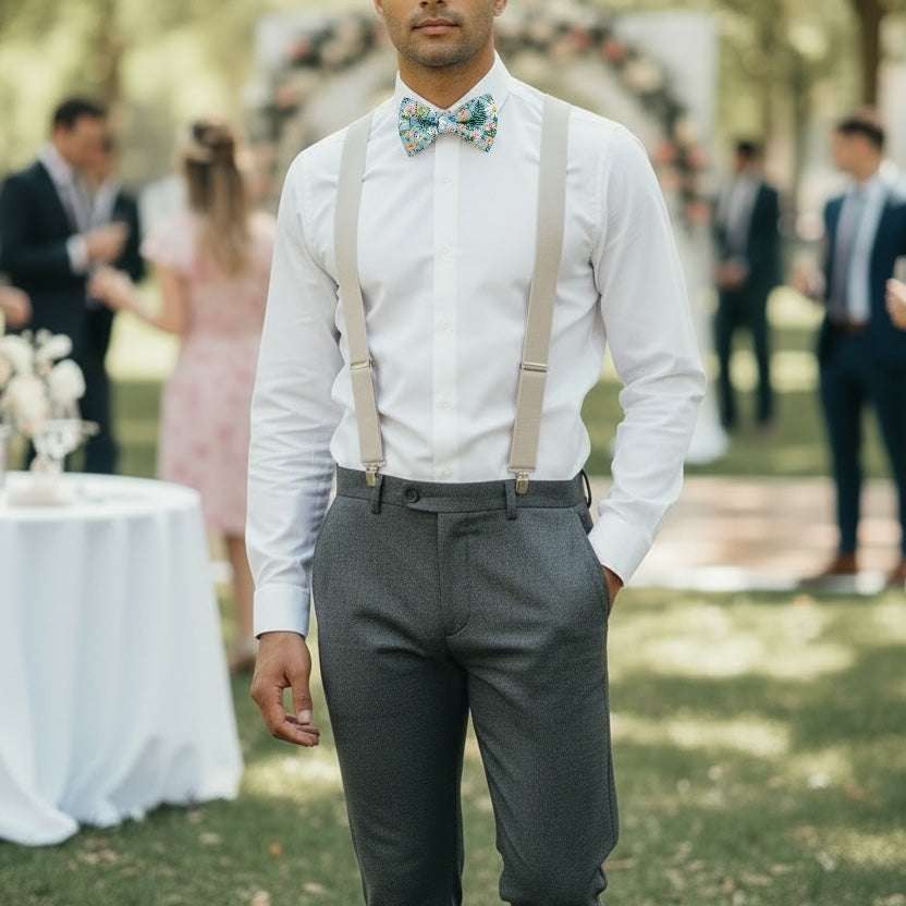 Groomsman Wearing Dusty Blue Wildflower Bow Tie and Tan Suspenders Set with White Shirt for Wedding Party Attire Coordination