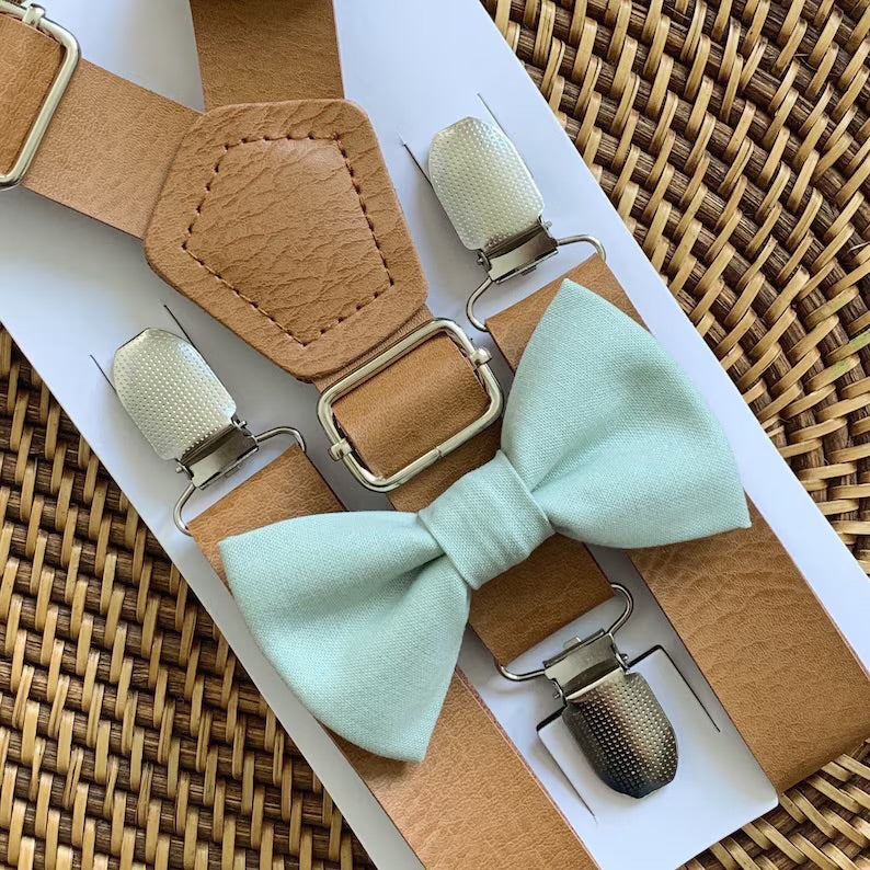 Sage green Bow Tie & Leather Suspenders Set