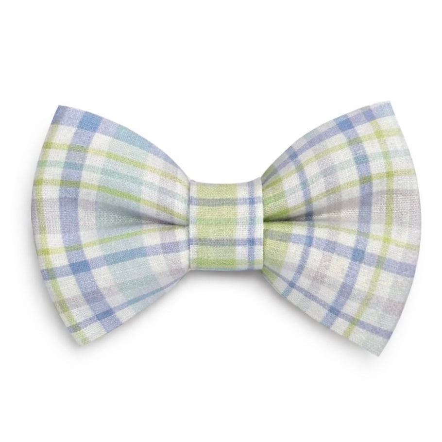 Plaid bow tie with green, blue, and white pattern for Easter on a white background