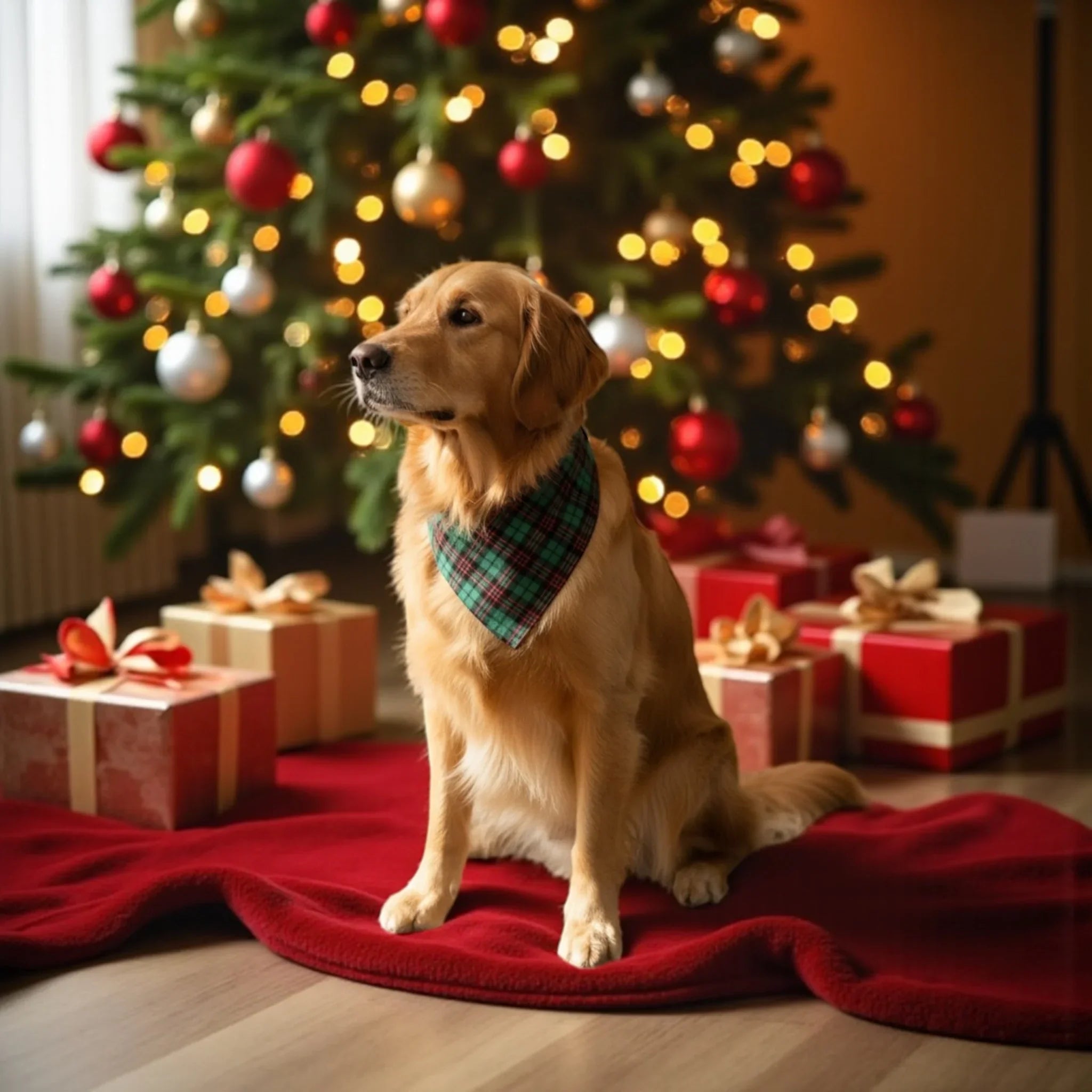 Dog wearing a green plaid Christmas bandana in a festive living room with a decorated tree and presents