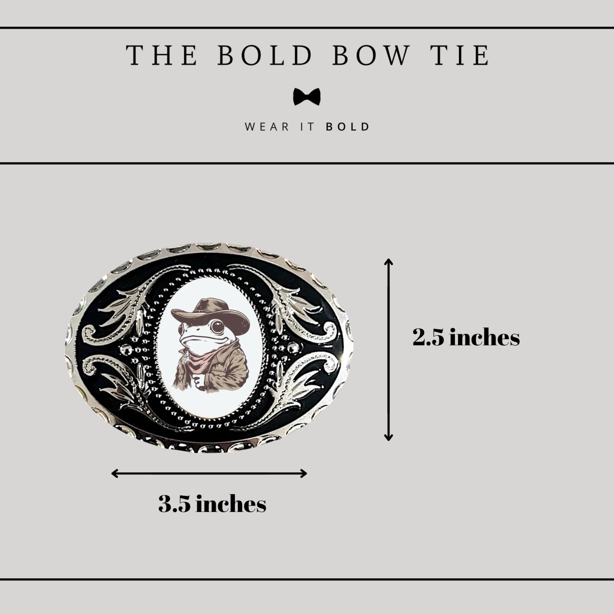 Belt buckle dimensions: 3 1/2 inches wide by 2 1/2 inches tall