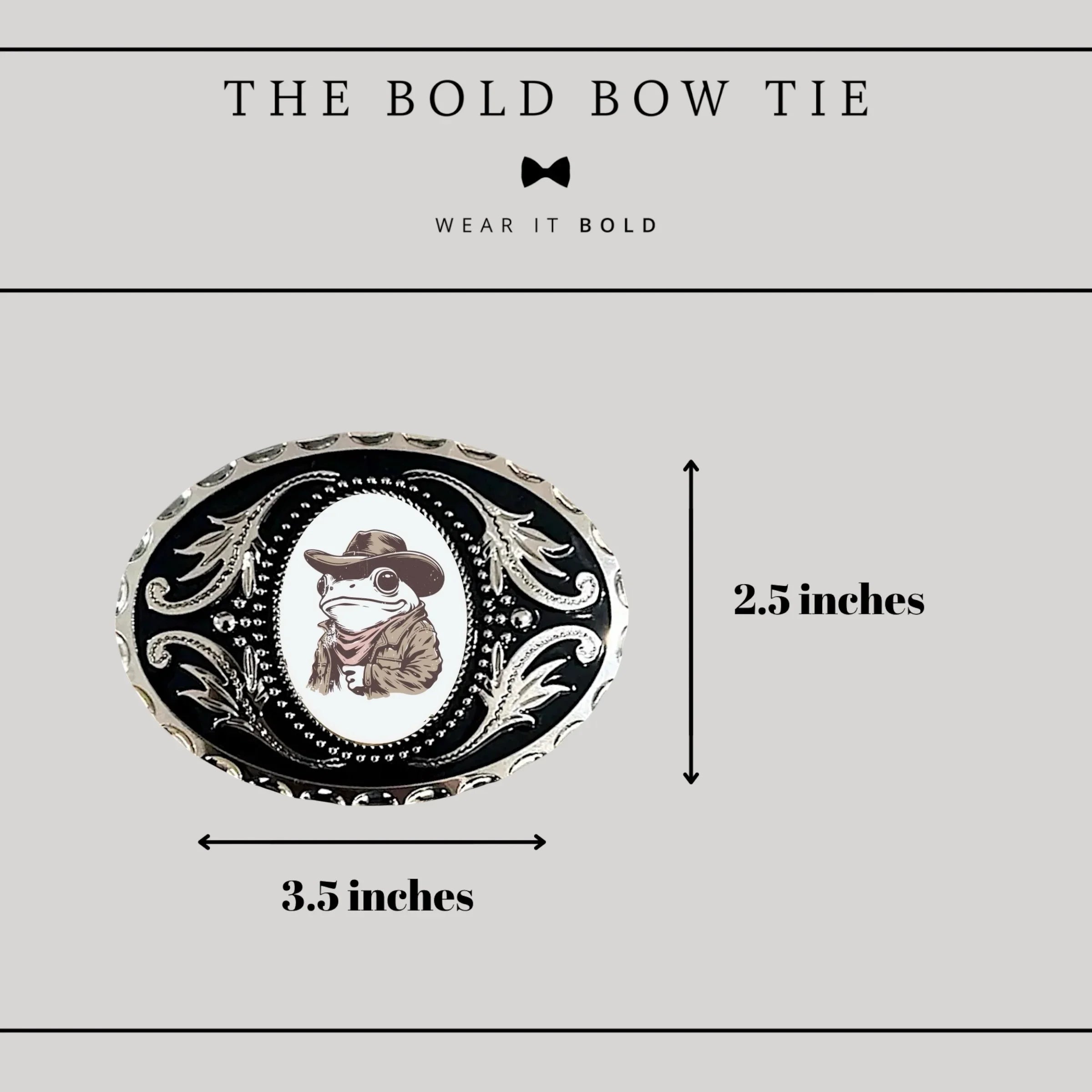 Belt buckle dimensions: 3 1/2 inches wide by 2 1/2 inches tall