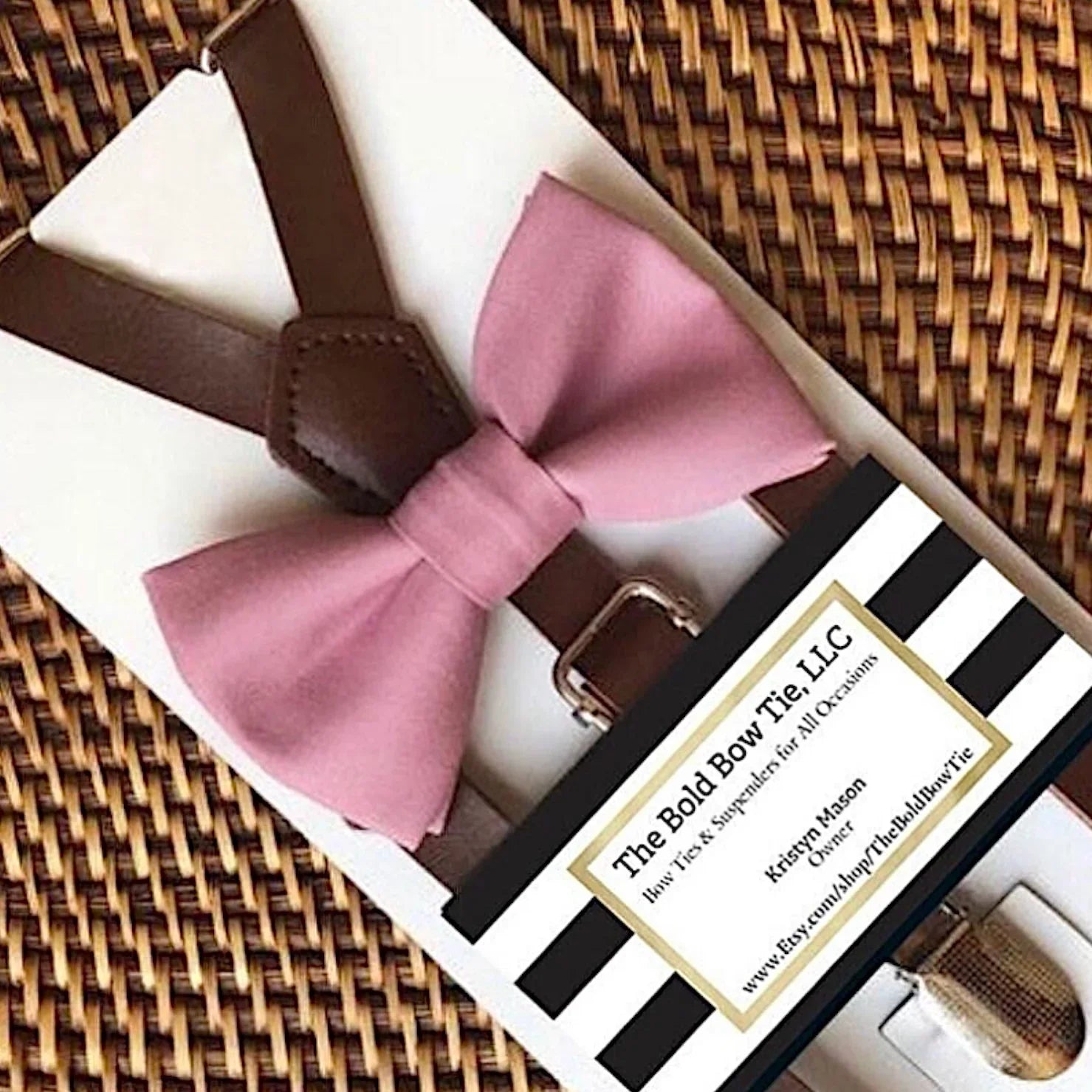 Rose gold bow tie and suspenders for wedding, ring bearer and groomsmen.