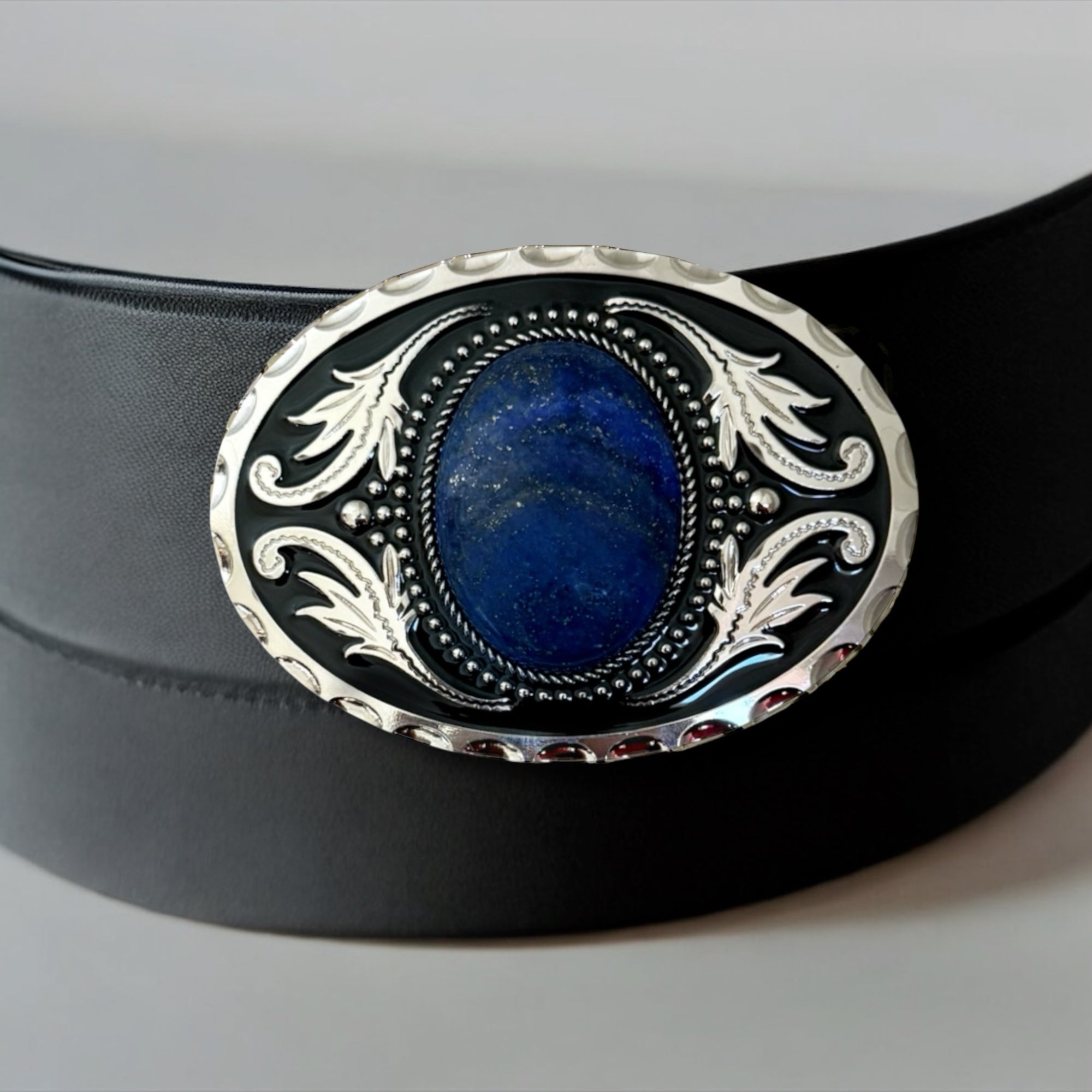 Blue Stone Belt Buckle Cowboy Western Accessory on black leather belt