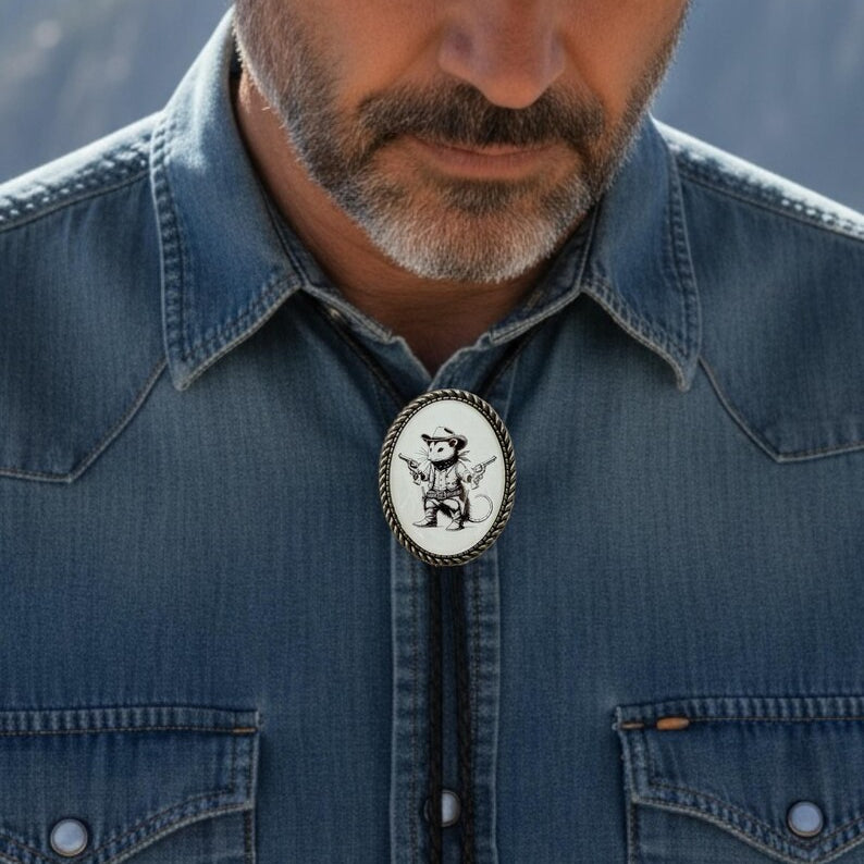 Cowboy wearing an opossum bolo tie for men wearing a denim shirt with a decorative bolo tie against a blurred natural background