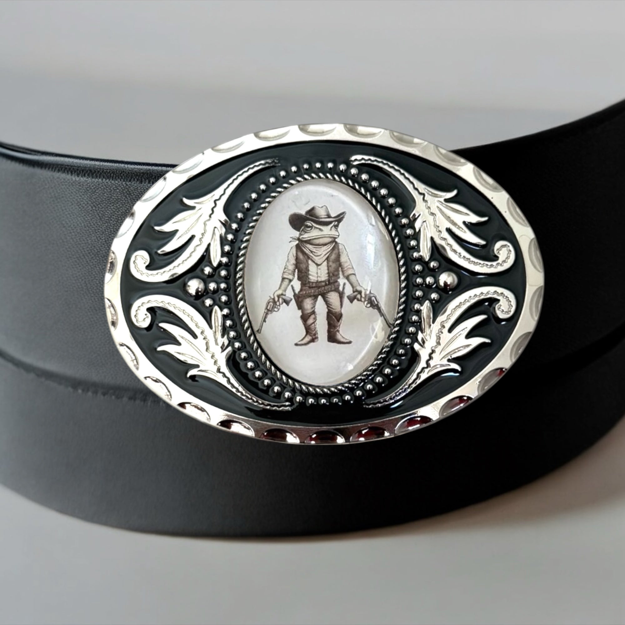 Custom Belt Buckle with Cowboy Frog, Western Accessory on a black leather belt