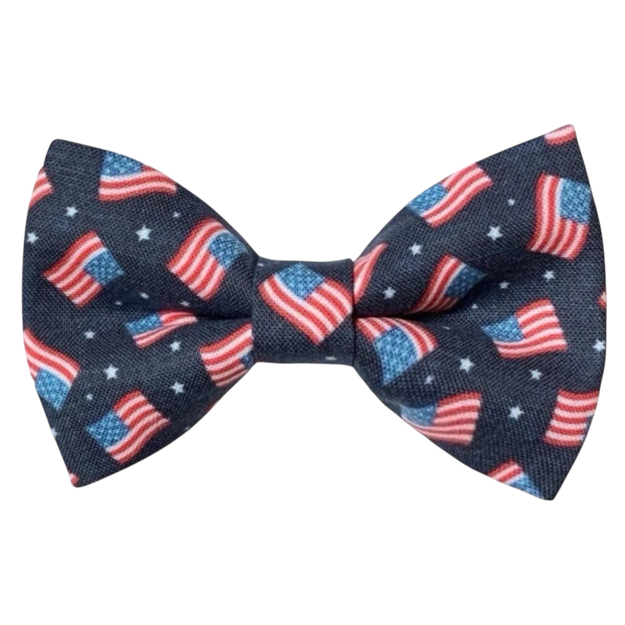 American flag bow tie with small American flags on a navy blue back ground in red white and blue.
