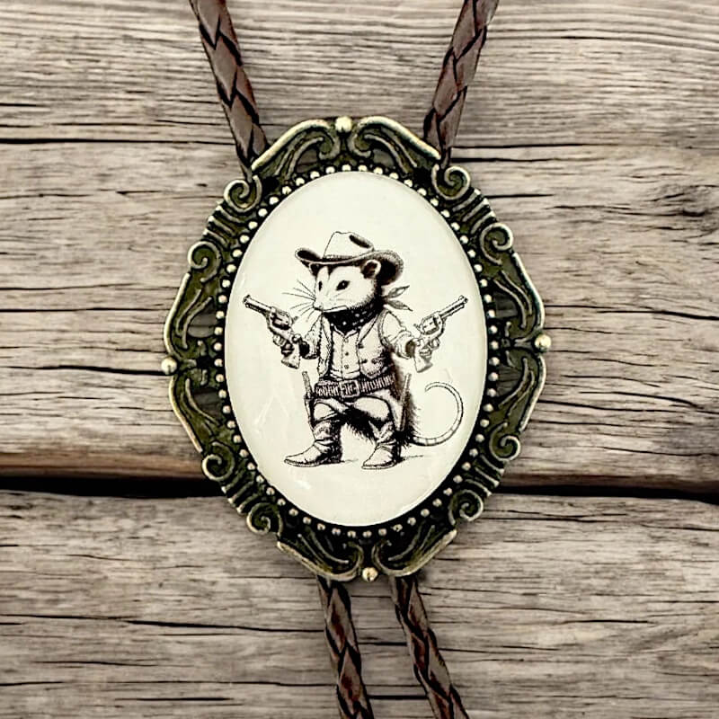 Bolo tie for men and women with funny opossum cowboy.