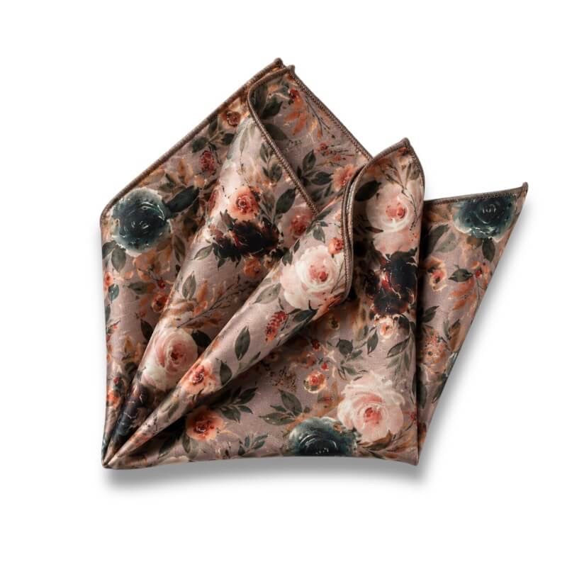Floral pocket square in taupe for men in autumn weddings, groomsmen wedding accessories.