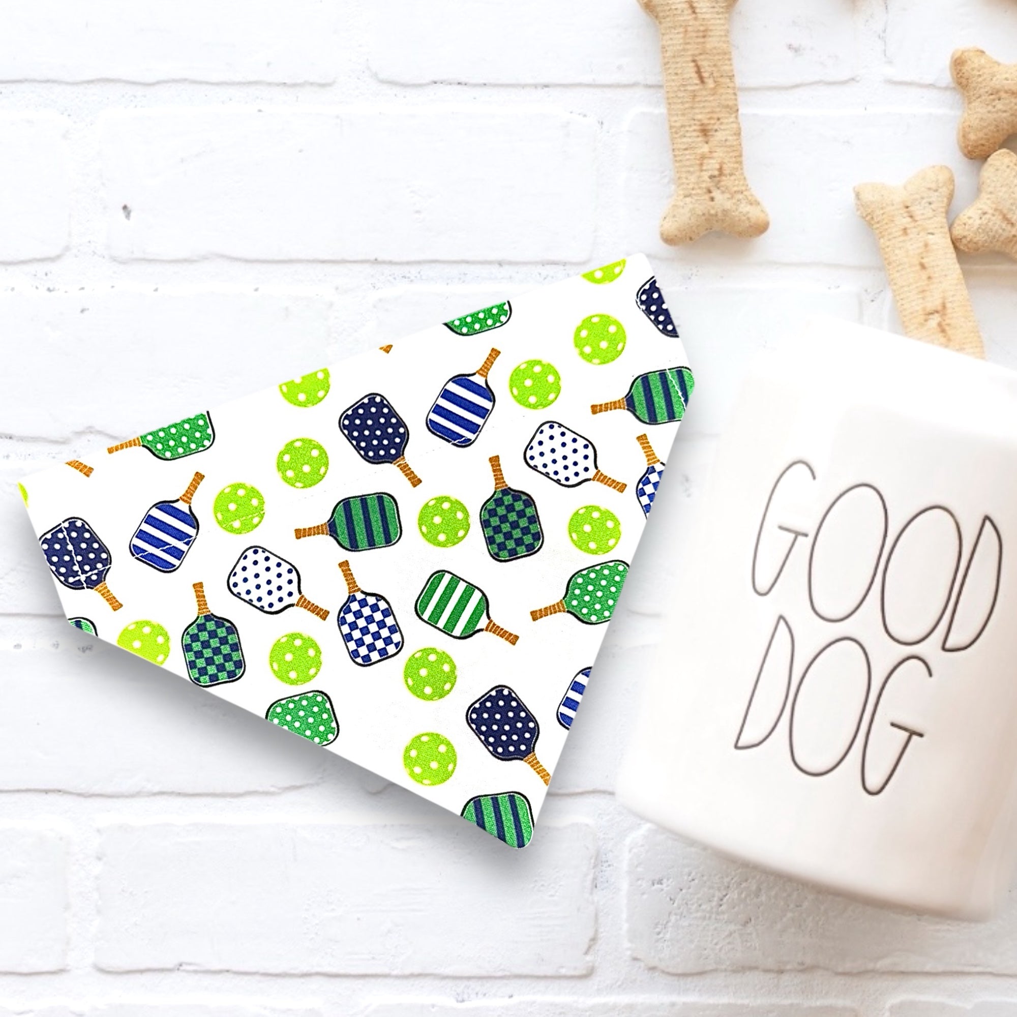 Green and White Pickleball Dog Bandana that slides on to your dog’s existing dog collar.