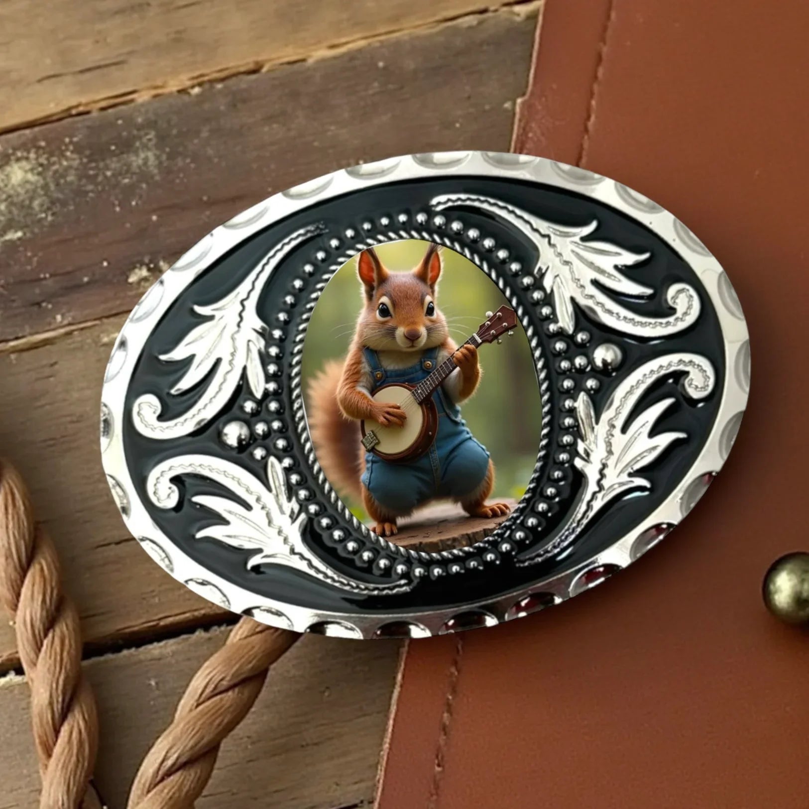 Squirrel Belt buckle for him or her with a design of a squirrel playing a banjo on a decorative background
