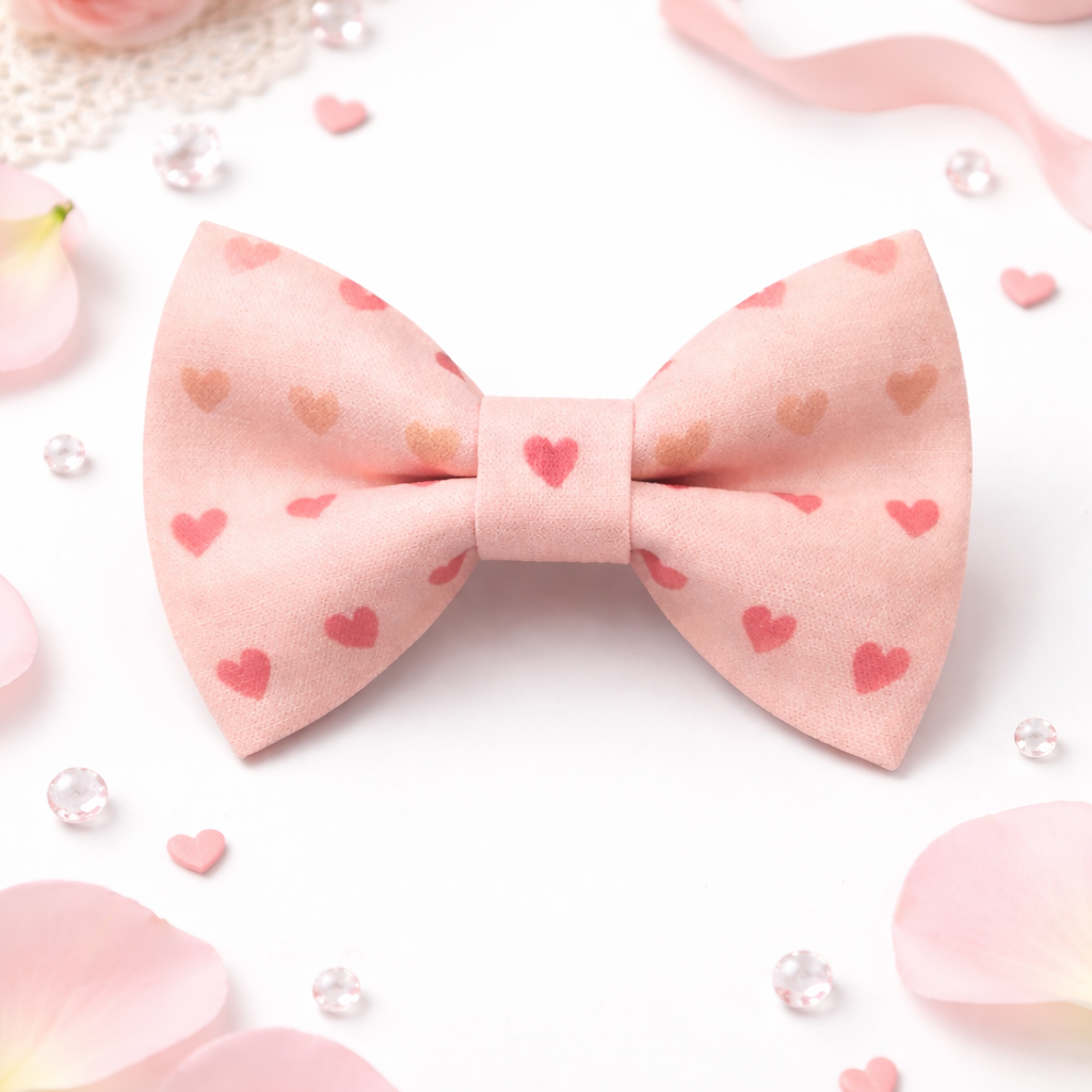 Pink bow tie with heart patterns on a white background with flowers and ribbons.