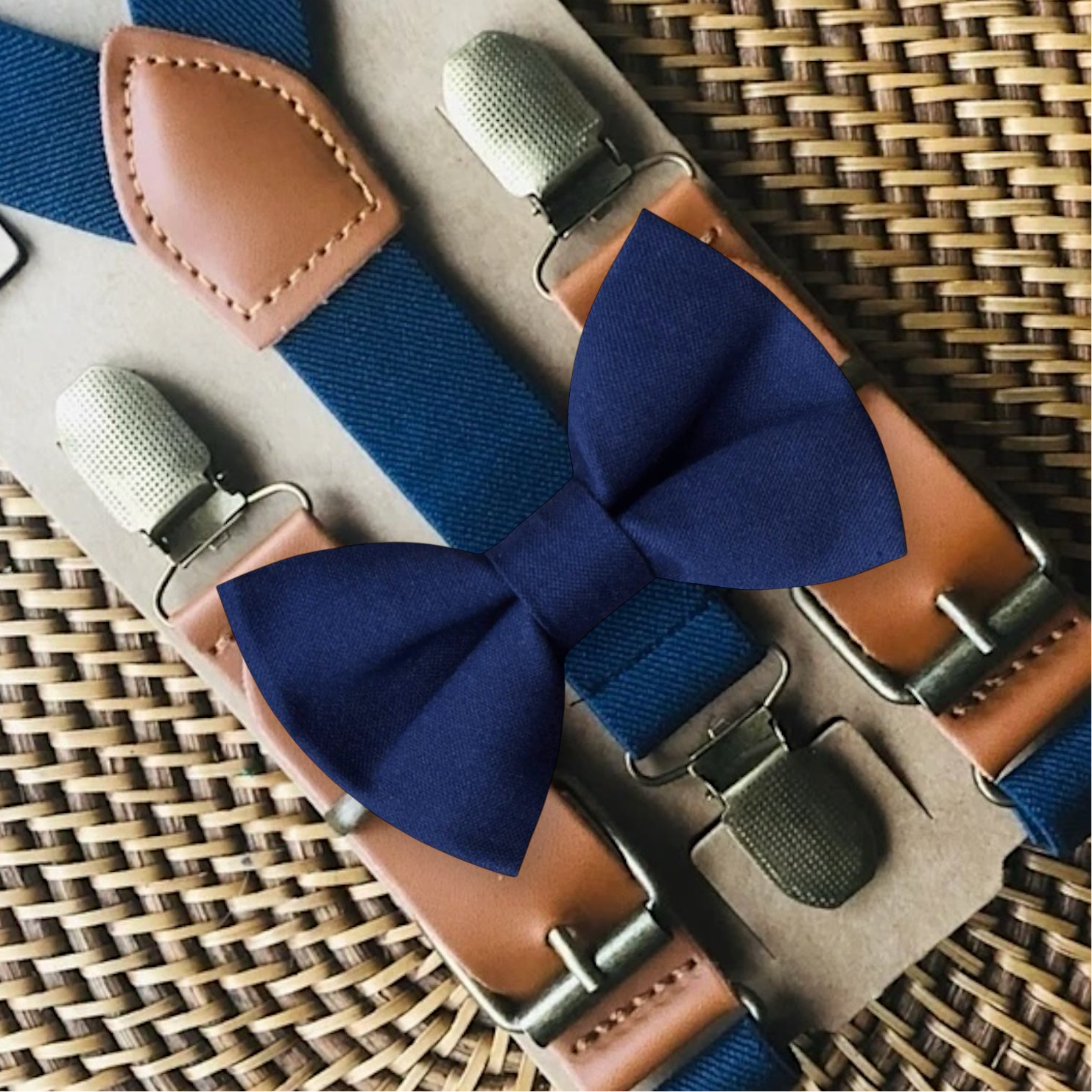 Navy Blue Bow Tie & Navy Suspenders Set for weddings, groomsmen and ring bearer outfits.