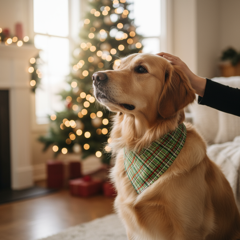 Dog wearing a green and red Christmas bandana in a cozy living room with a Christmas tree and fireplace.