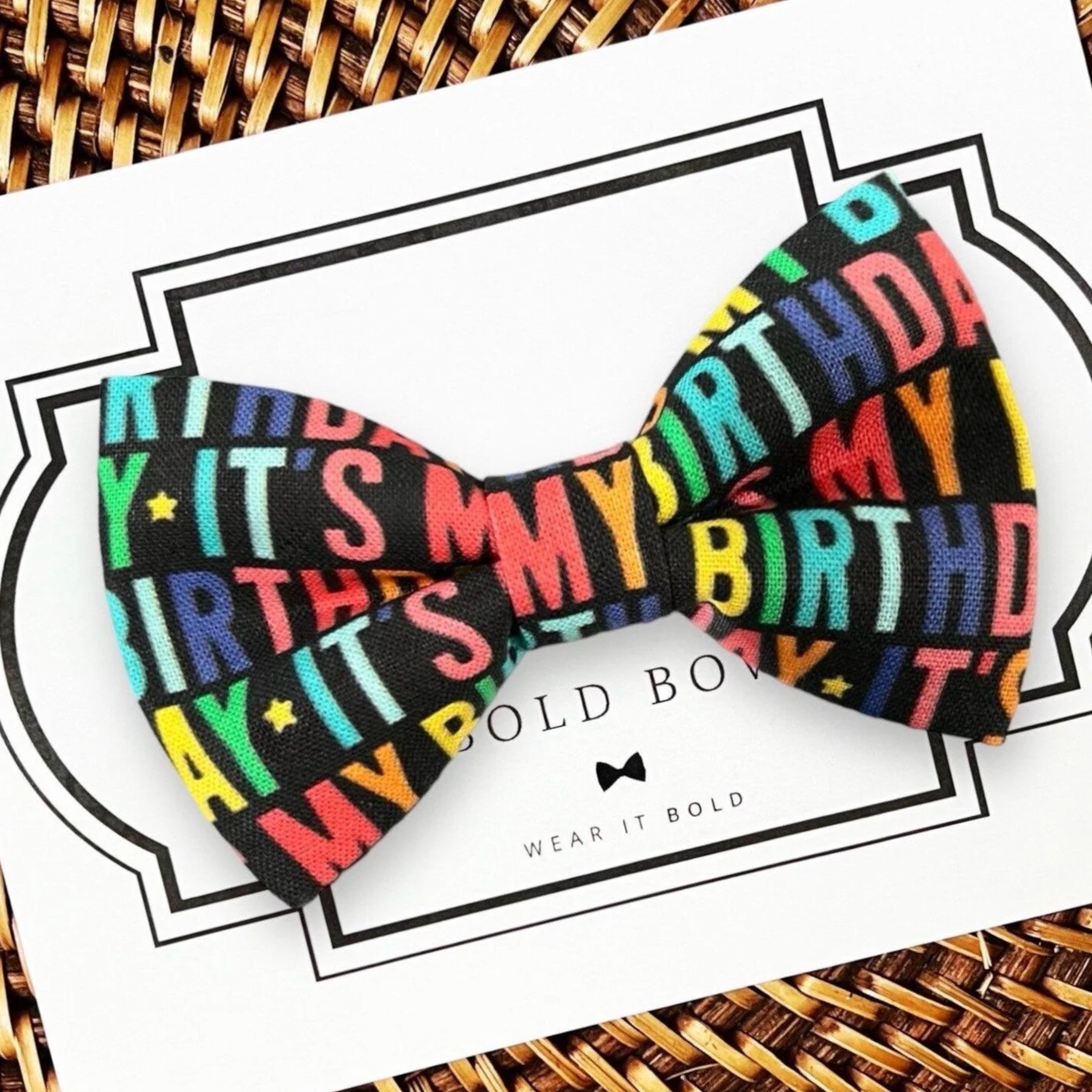 It’s my Birthday dog bow tie or cat bow tie in black and rainbow