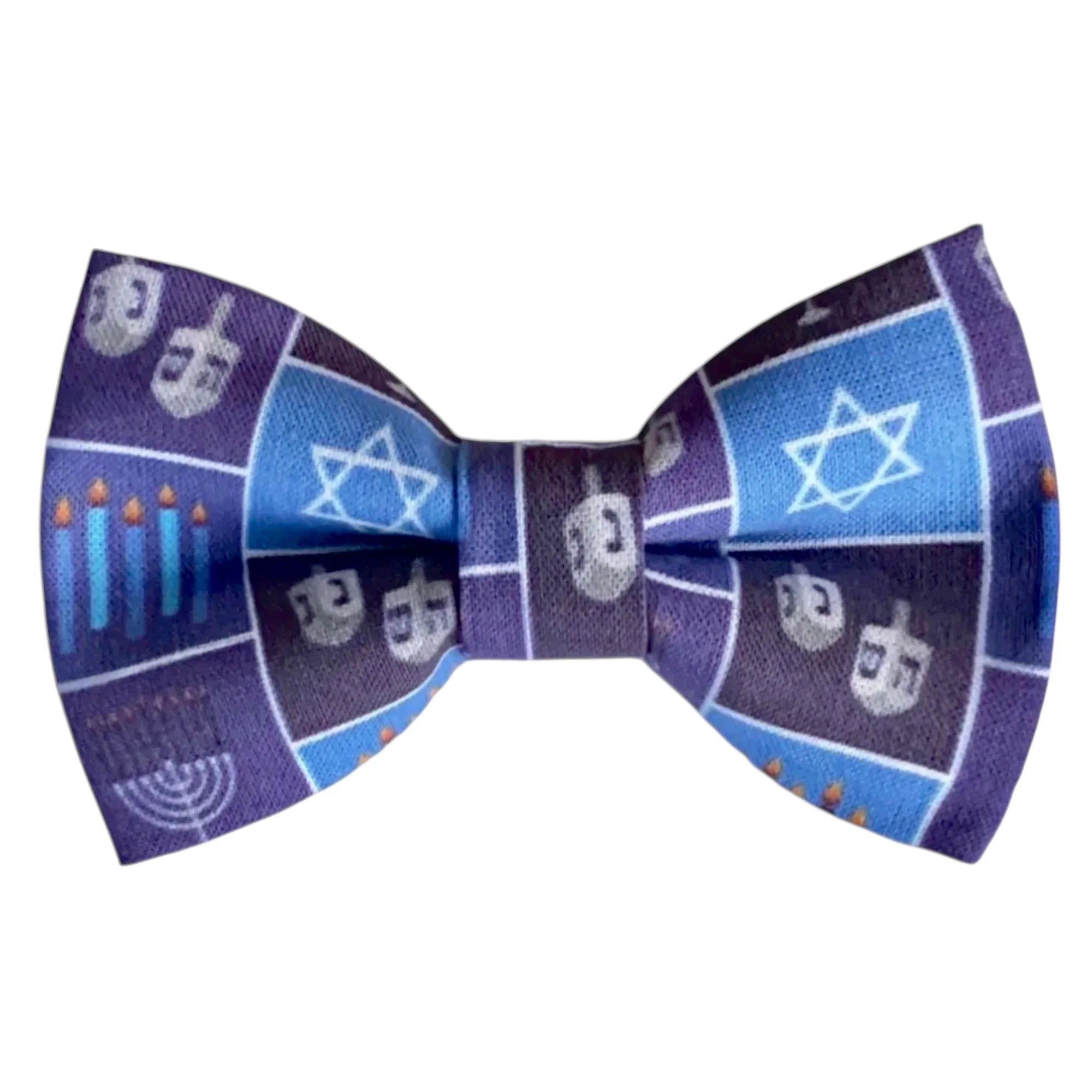 Hanukkah bow tie in blue with the Star of David and dreidels.
