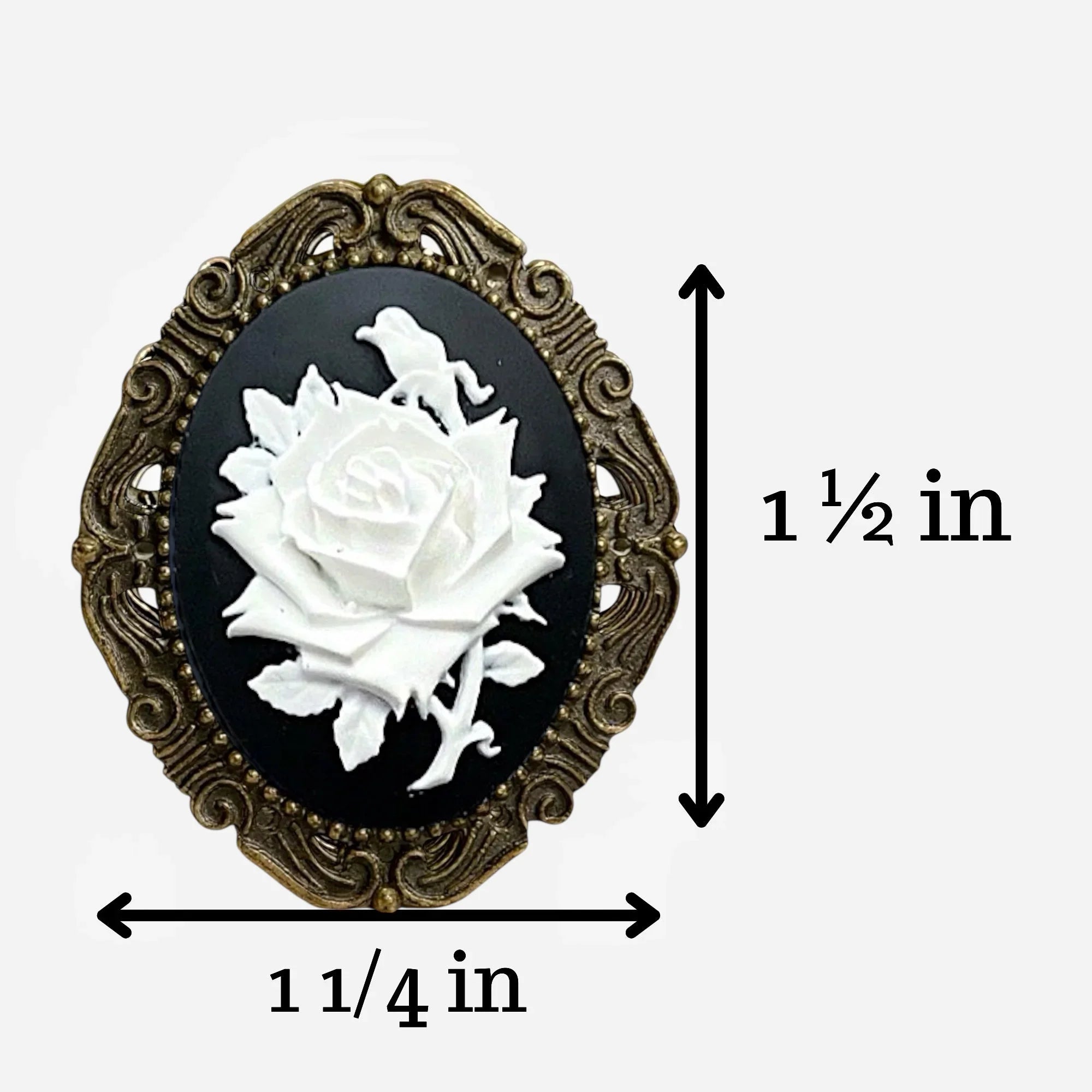 Decorative brooch with a white rose on a black background, shown with measurements on a white background.