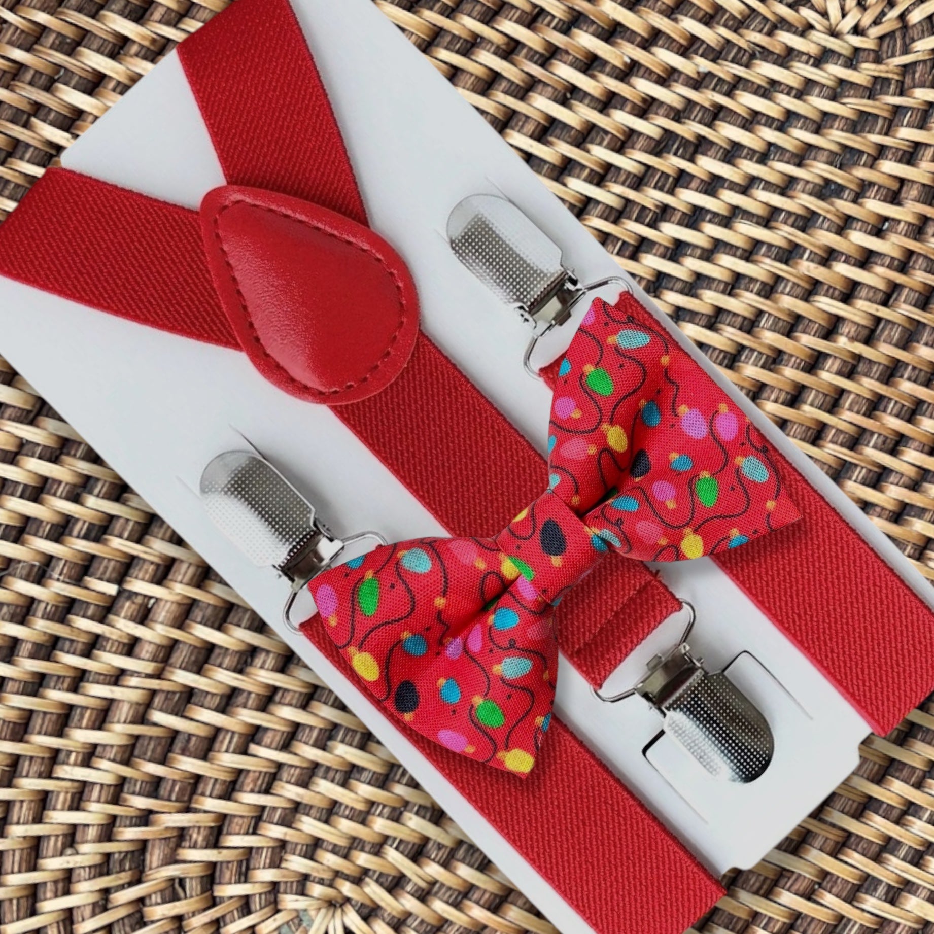 Christmas Bow Tie & Red Suspenders Set- Red Christmas Lights