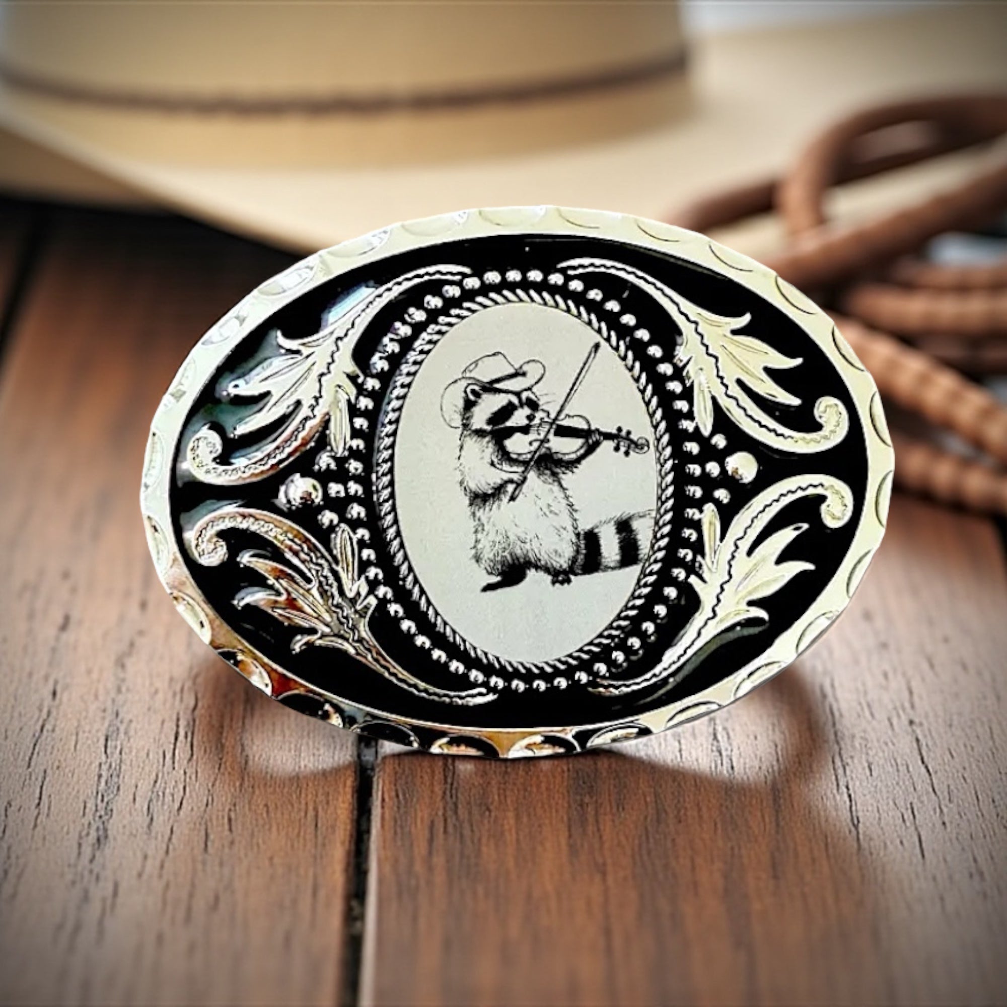 Raccoon Belt Buckle with Violin, Western Accessory with a Cowboy hat