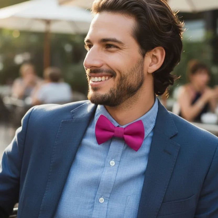 Size chart for pre-tied bow ties from The Bold Bow Tie detailing measurements across three sizes. Small is 3.5 inches wide and recommended for ages 6 months to 5 years. Medium is 4 inches wide and recommended for ages 6 to 12 years. Large is 4.5 inches wide and recommended for ages 13 years and up. Visual icons illustrate the relative sizes with horizontal arrows showing that width is measured from wingtip to wingtip. Bottom text notes that all bow ties are pre-tied and ready to add to your outfit.