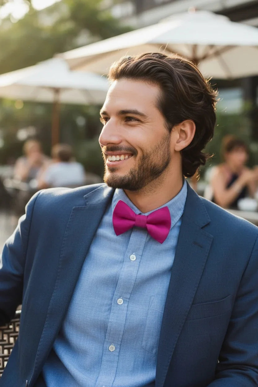 Size chart for pre-tied bow ties from The Bold Bow Tie detailing measurements across three sizes. Small is 3.5 inches wide and recommended for ages 6 months to 5 years. Medium is 4 inches wide and recommended for ages 6 to 12 years. Large is 4.5 inches wide and recommended for ages 13 years and up. Visual icons illustrate the relative sizes with horizontal arrows showing that width is measured from wingtip to wingtip. Bottom text notes that all bow ties are pre-tied and ready to add to your outfit.