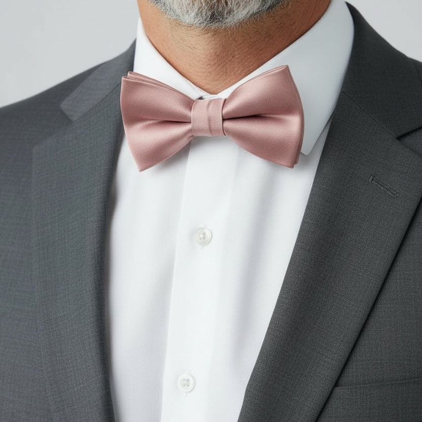 Groomsman in a rose gold bow tie for men in a wedding.