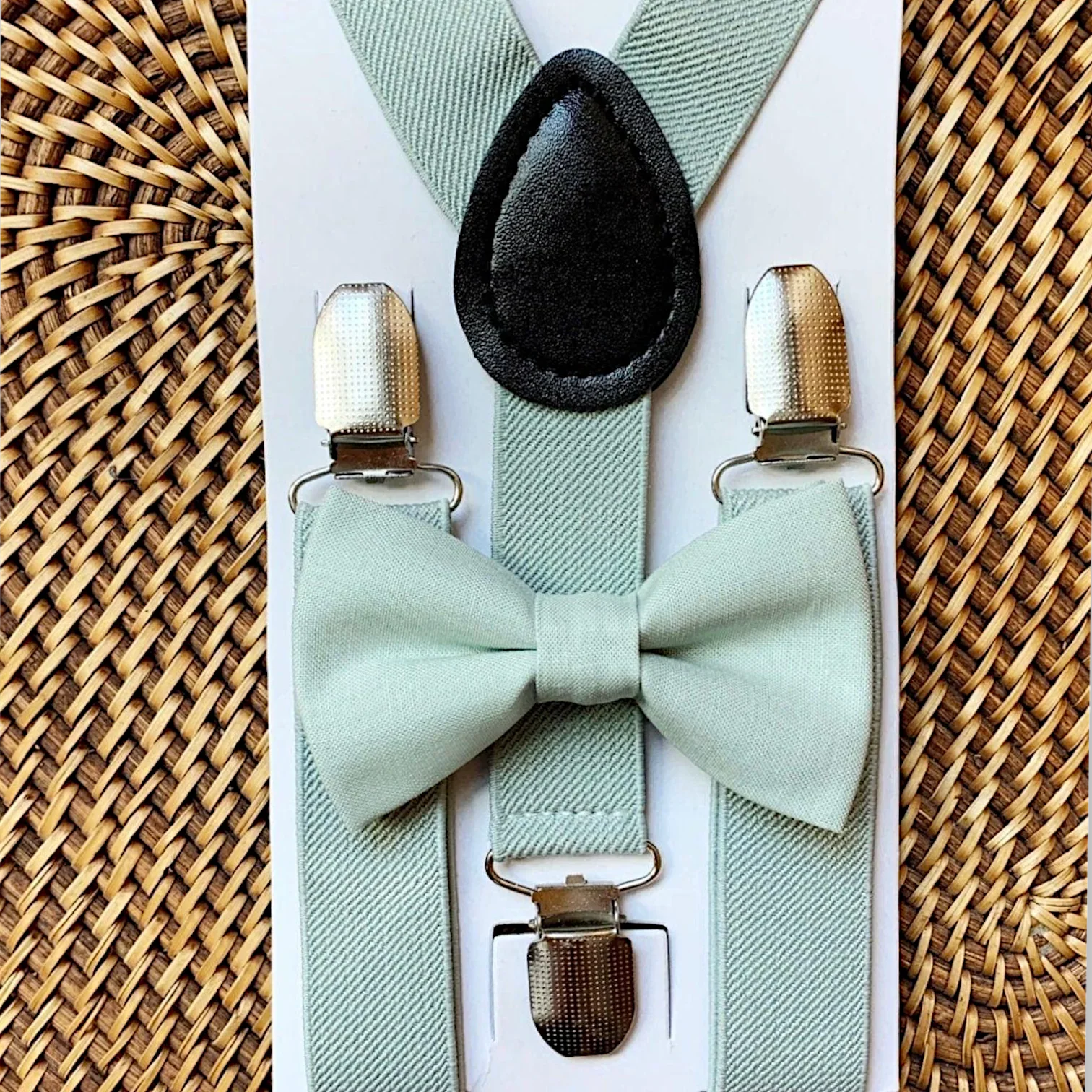 Sage green bow tie and sage green suspenders for weddings.