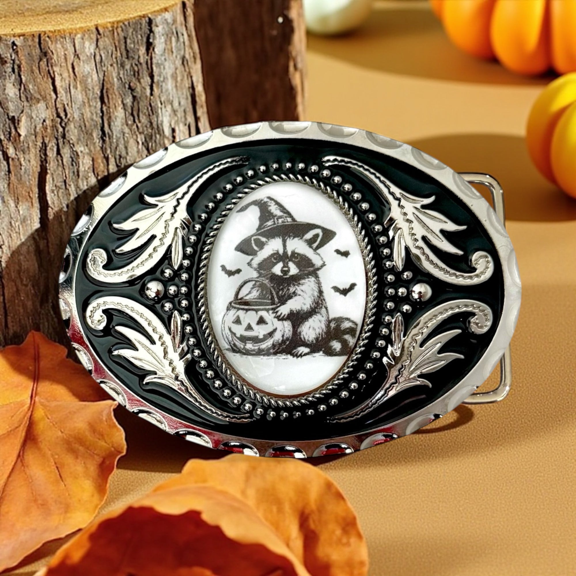 Halloween Belt Buckle with Raccoon Witch Sketch