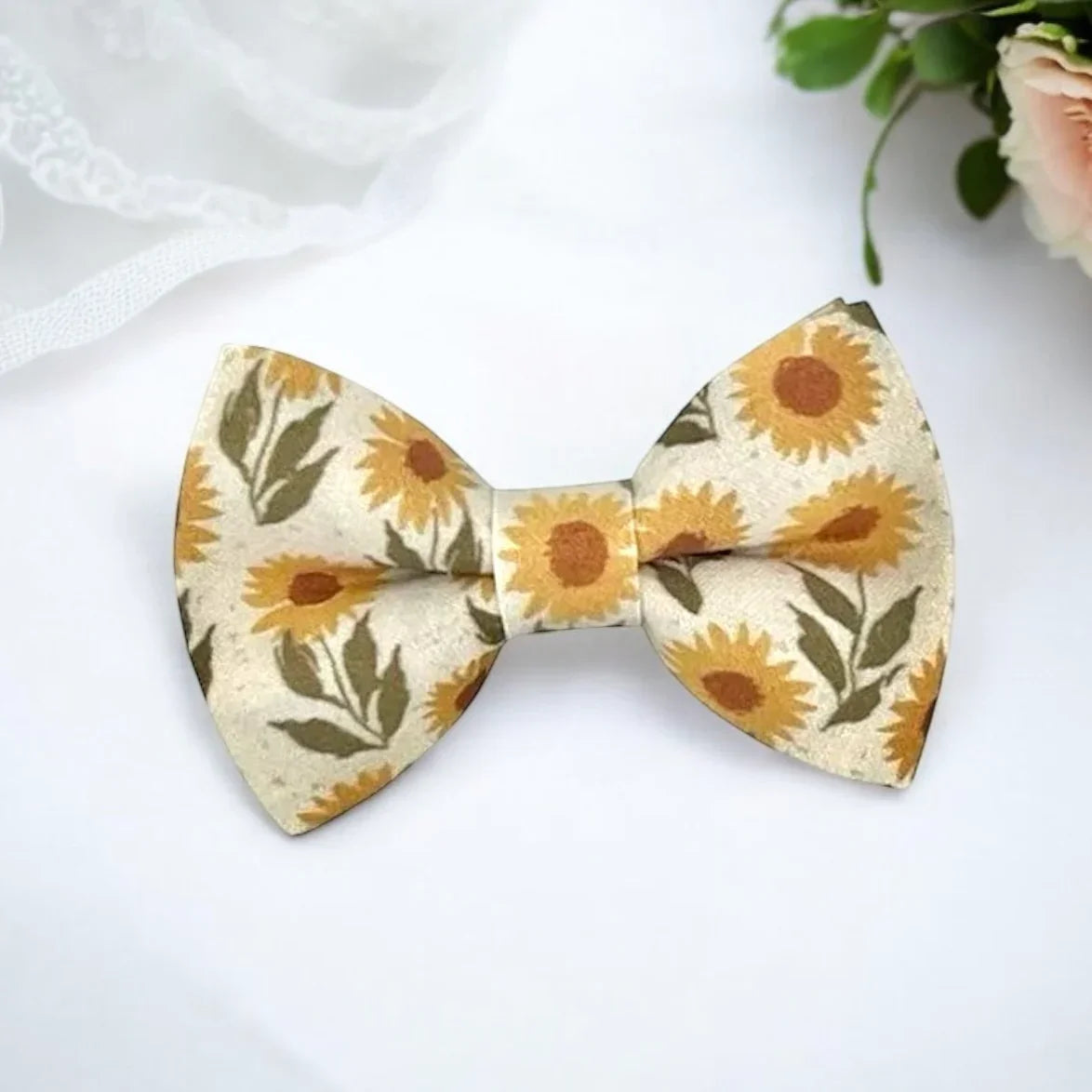 Sunflower bow tie for men, boys and toddlers for groomsmen and ring bearer outfits.