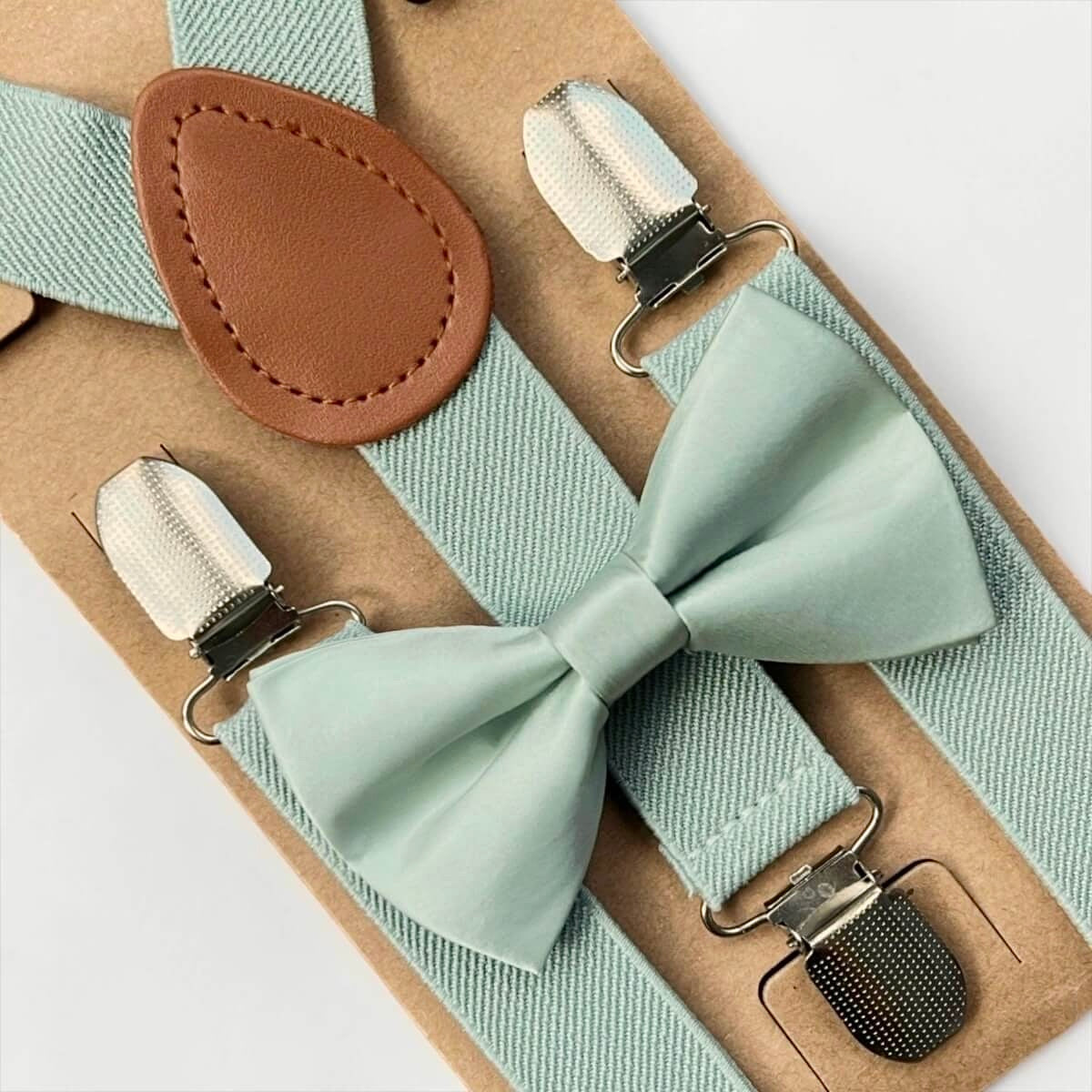 Sage bow tie and suspenders for men boys and weddings.