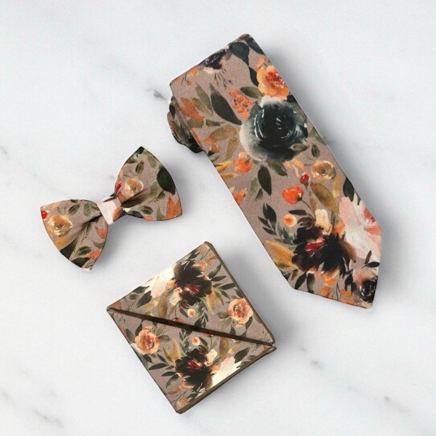 Taupe Floral Men’s Tie, pocket square and bow tie set for Wedding