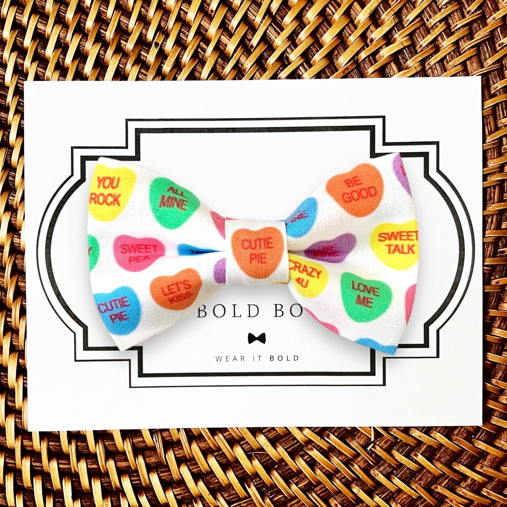 Conversation Hearts Valentine’s Day dog bow tie for dog collar accessory.