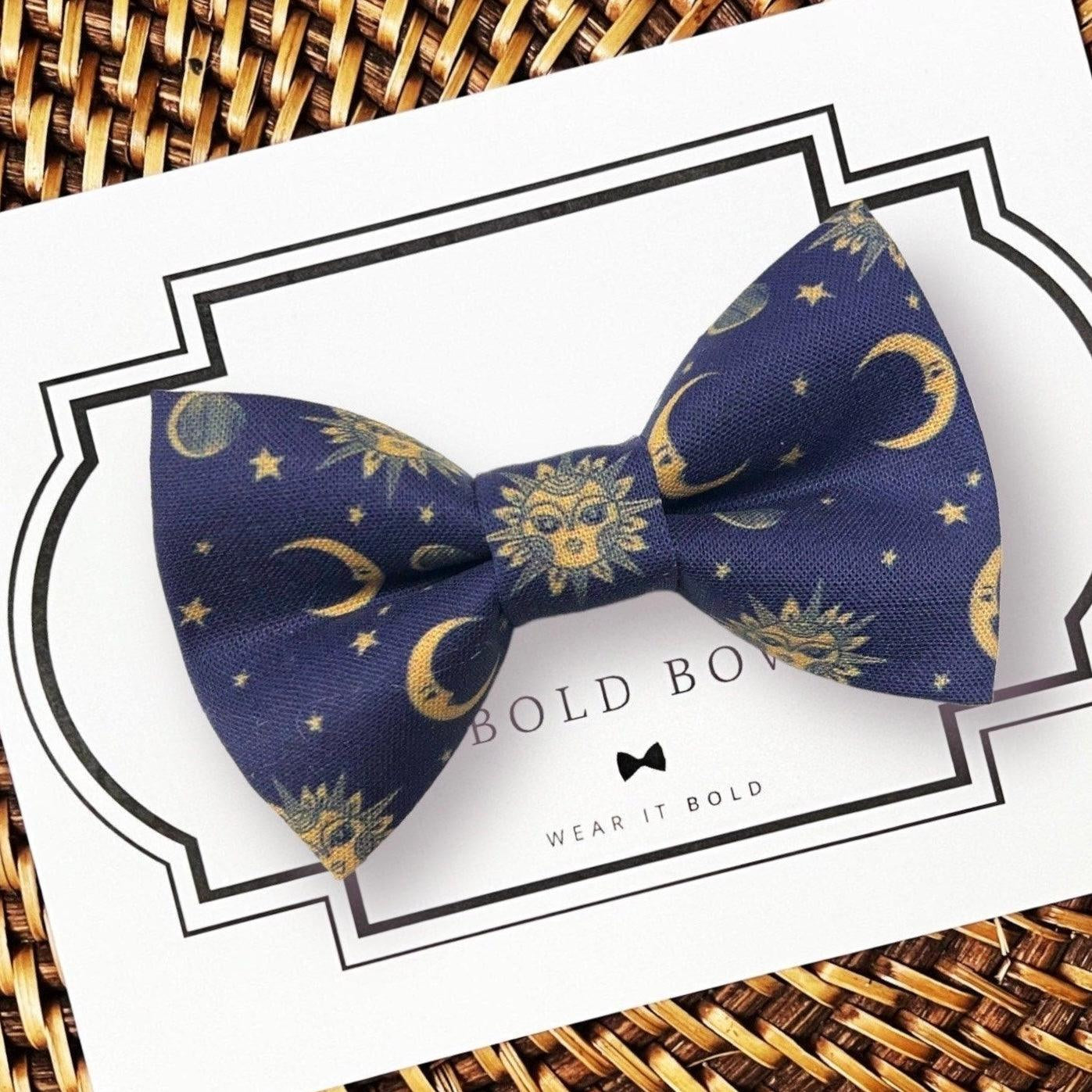 Navy Sun and Moon Dog bow tie or Cat bow tie for pet bowtie collar.