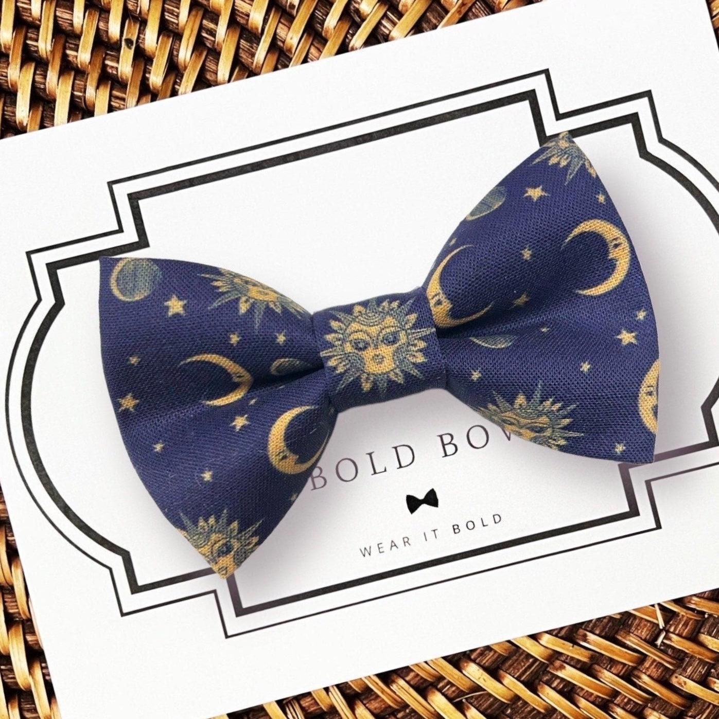 Navy Sun and Moon Dog bow tie or Cat bow tie for pet bowtie collar.