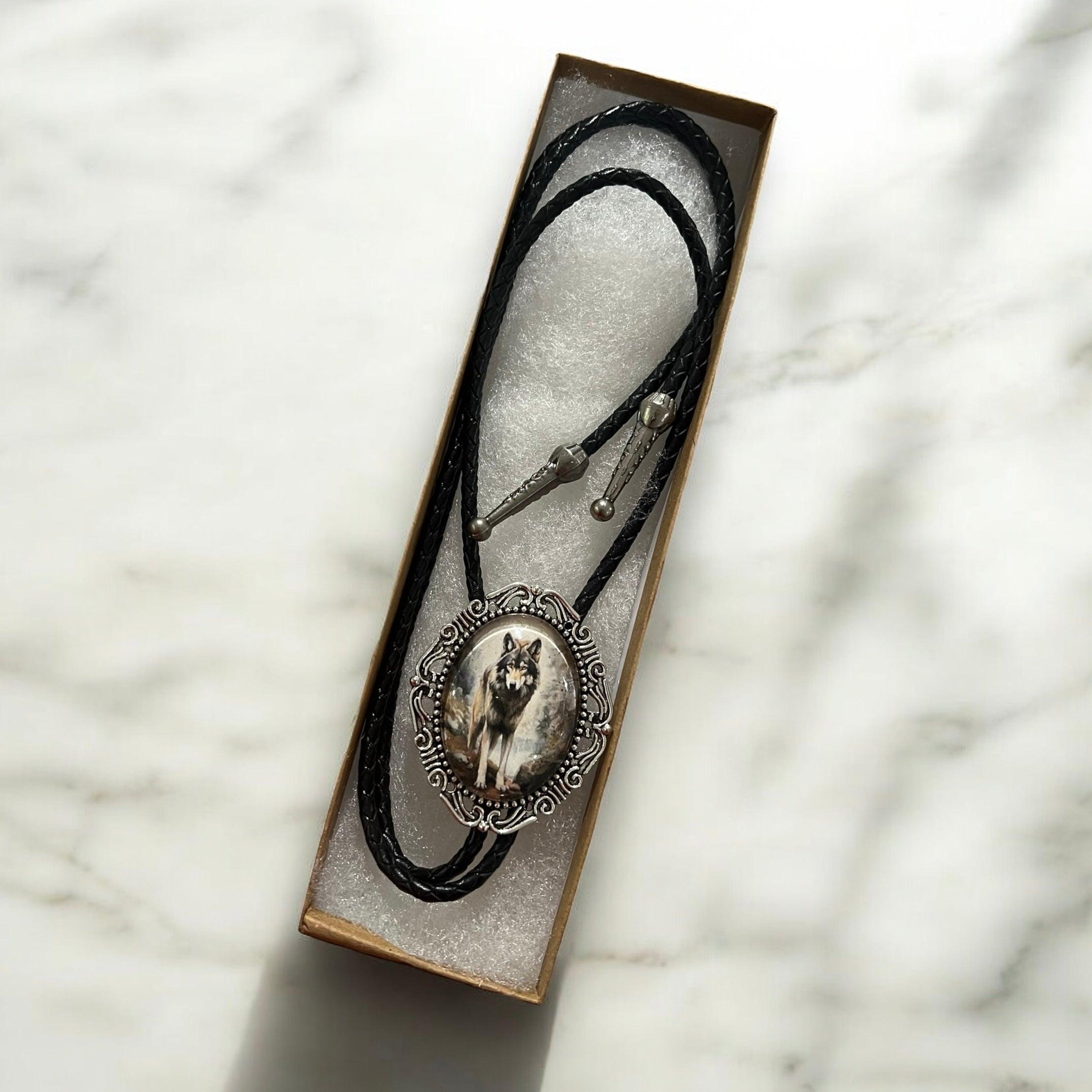 Silver Bolo Tie- w/ Gray Wolf Cowboy String Tie in gift box