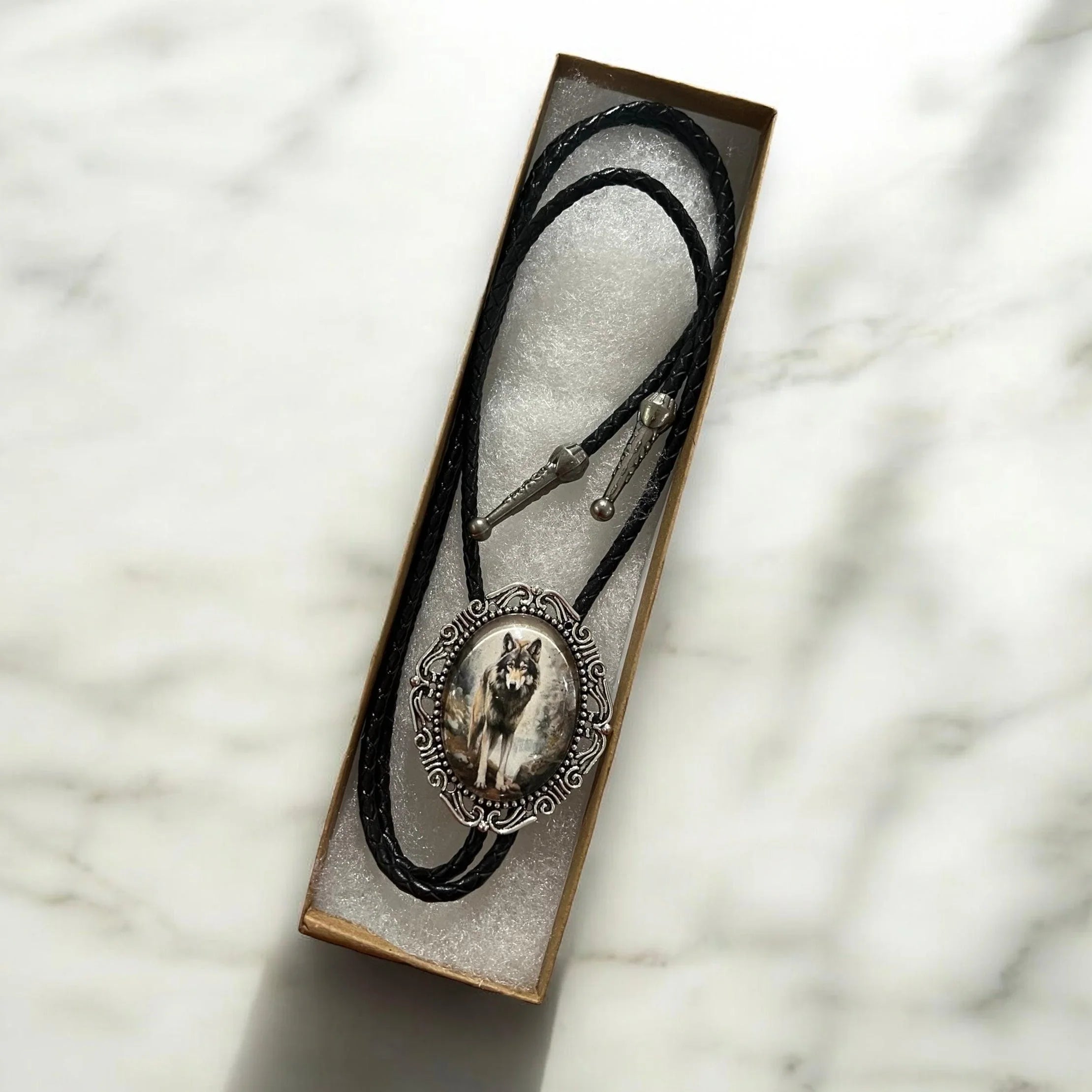 Silver Bolo Tie- w/ Gray Wolf Cowboy String Tie in gift box