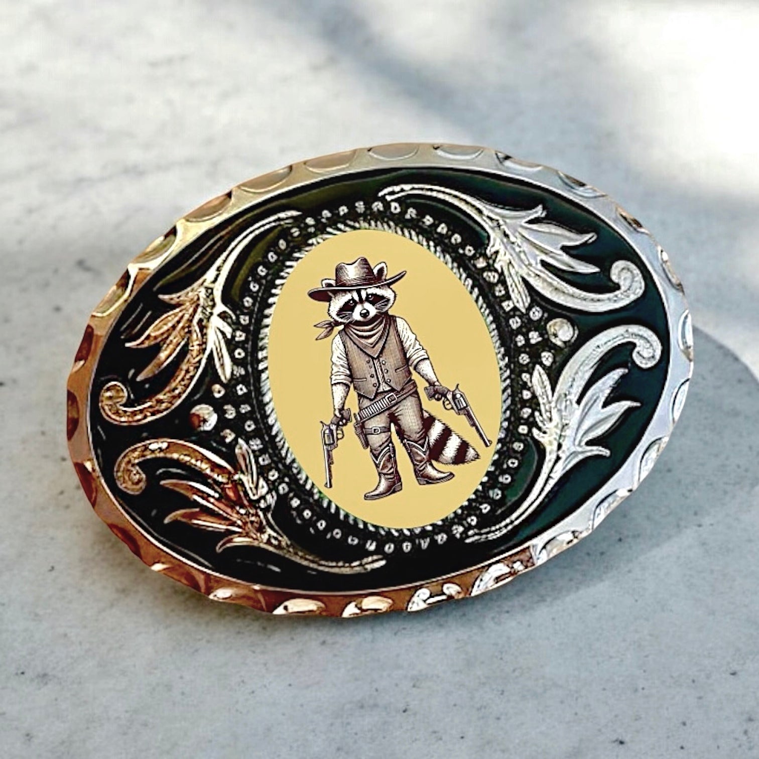 Raccoon with guns Belt Buckle Cowboy Western Accessory on marble table